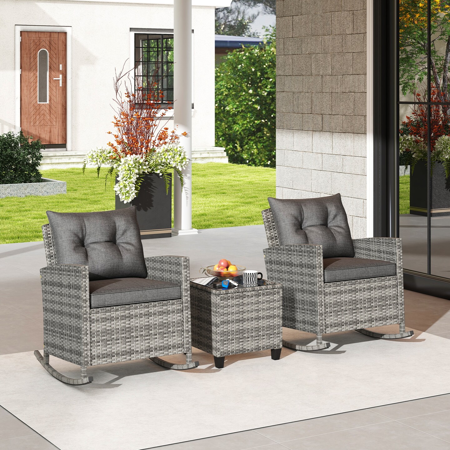 Outdoor Rattan Rocker Chair Set with Cushions and Coffee Table