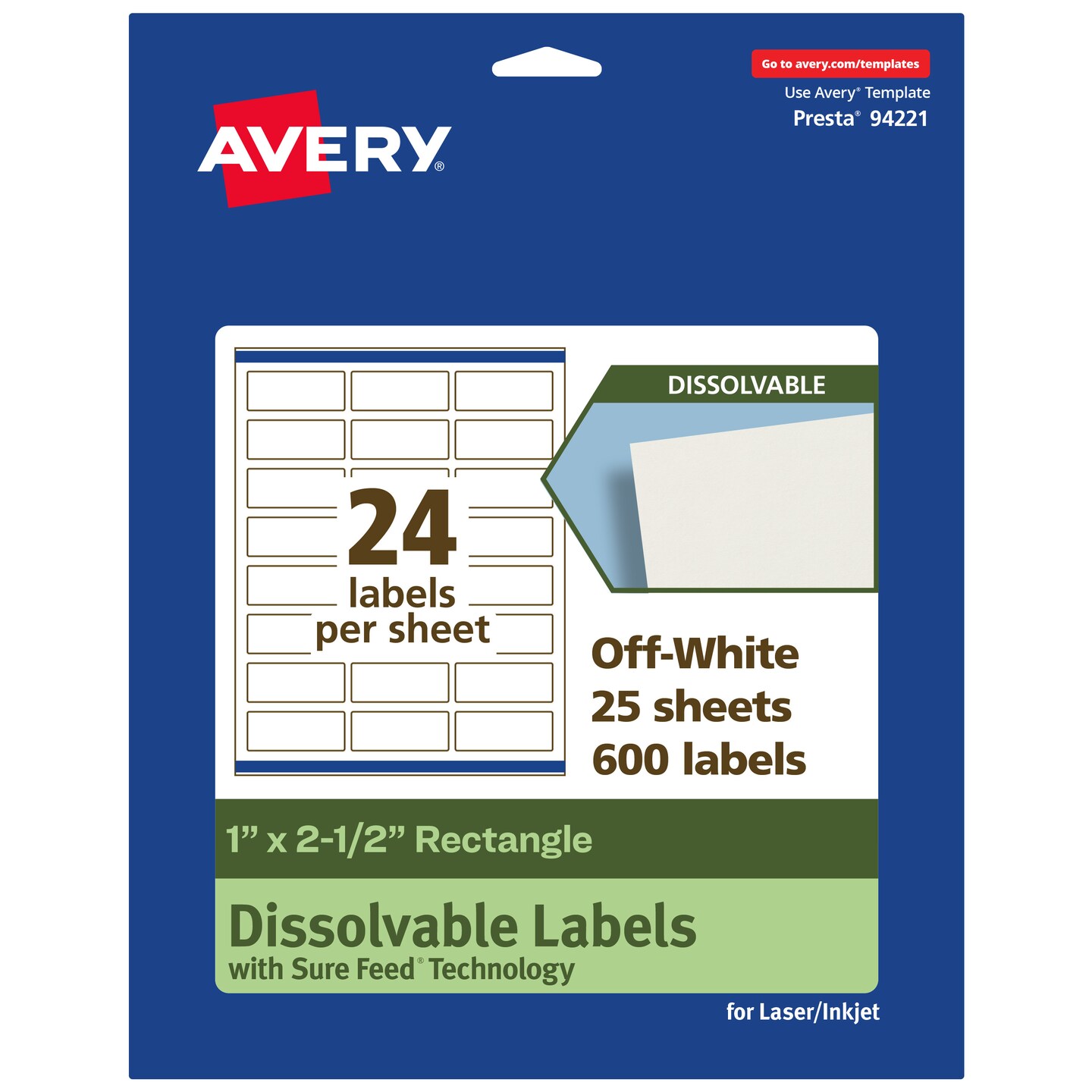 Avery Dissolvable Labels, 1&#x22; x 2.5&#x22; Rectangle