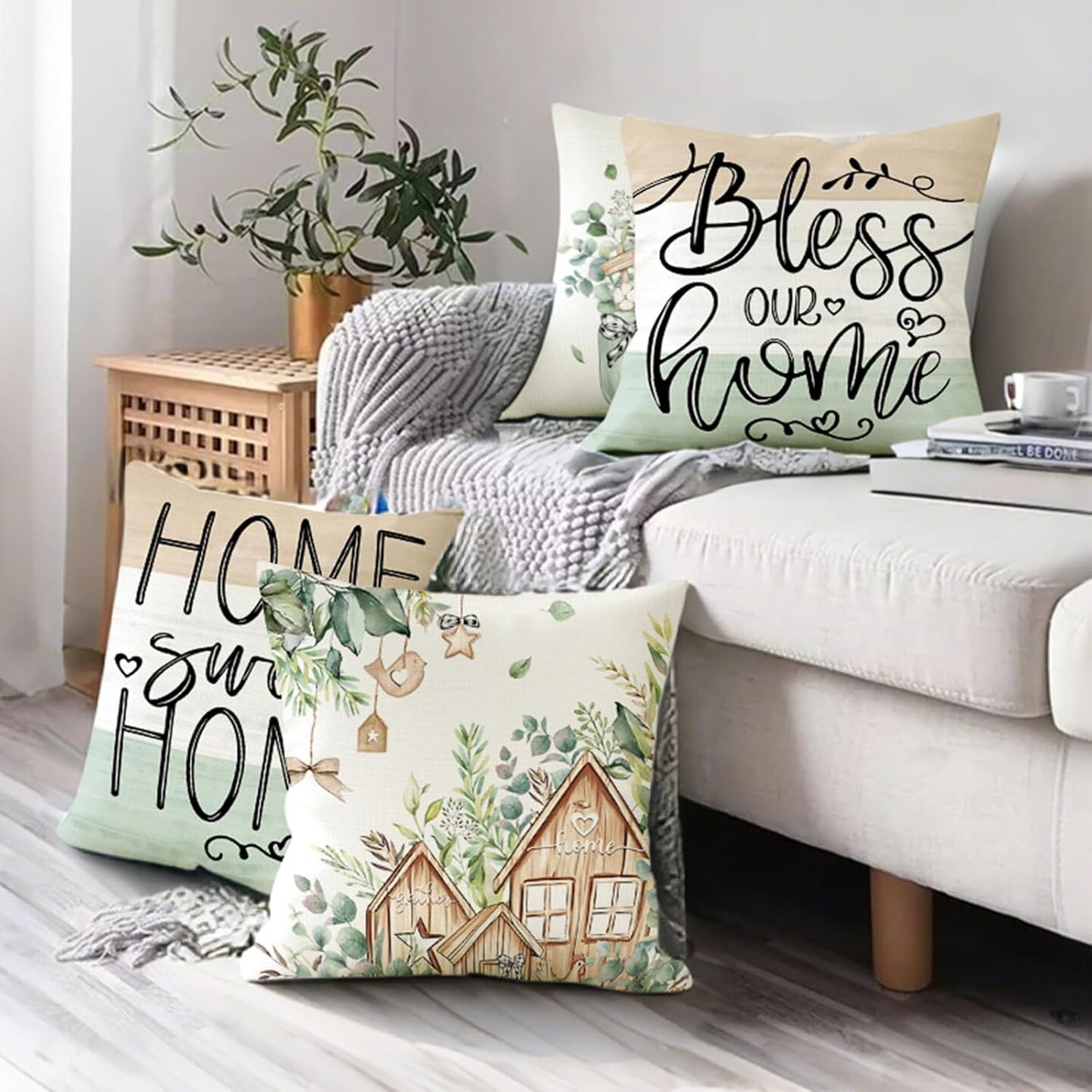 Farmhouse Spring Throw Pillows 18x18 Pillow Cover Set of 4, Colorful Plaid Bless Our Sweet Home Cottage Springtime Summer Seasonal Decorations Cushion Case for Sofa Couch Living Room