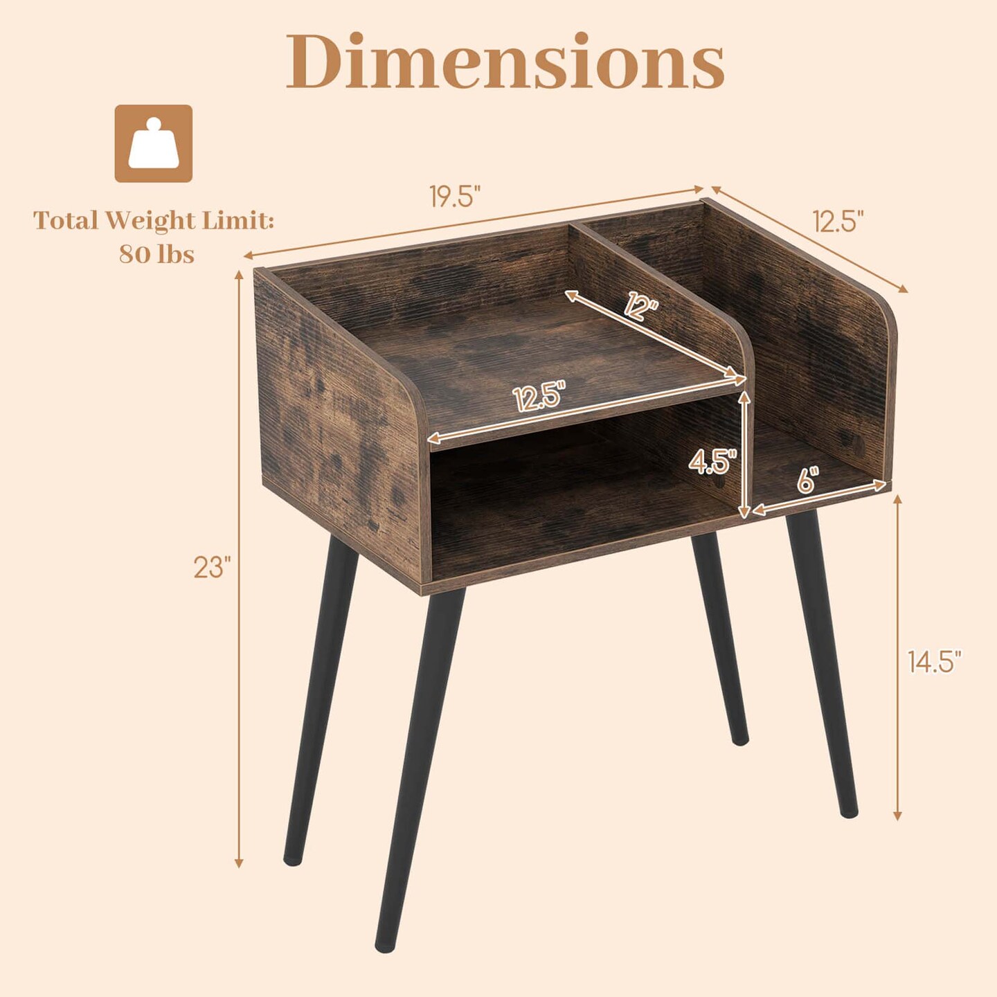 Costway Mid Century Modern End Table with Open Shelves Metal Support Legs for Bedroom White/Black/Coffee
