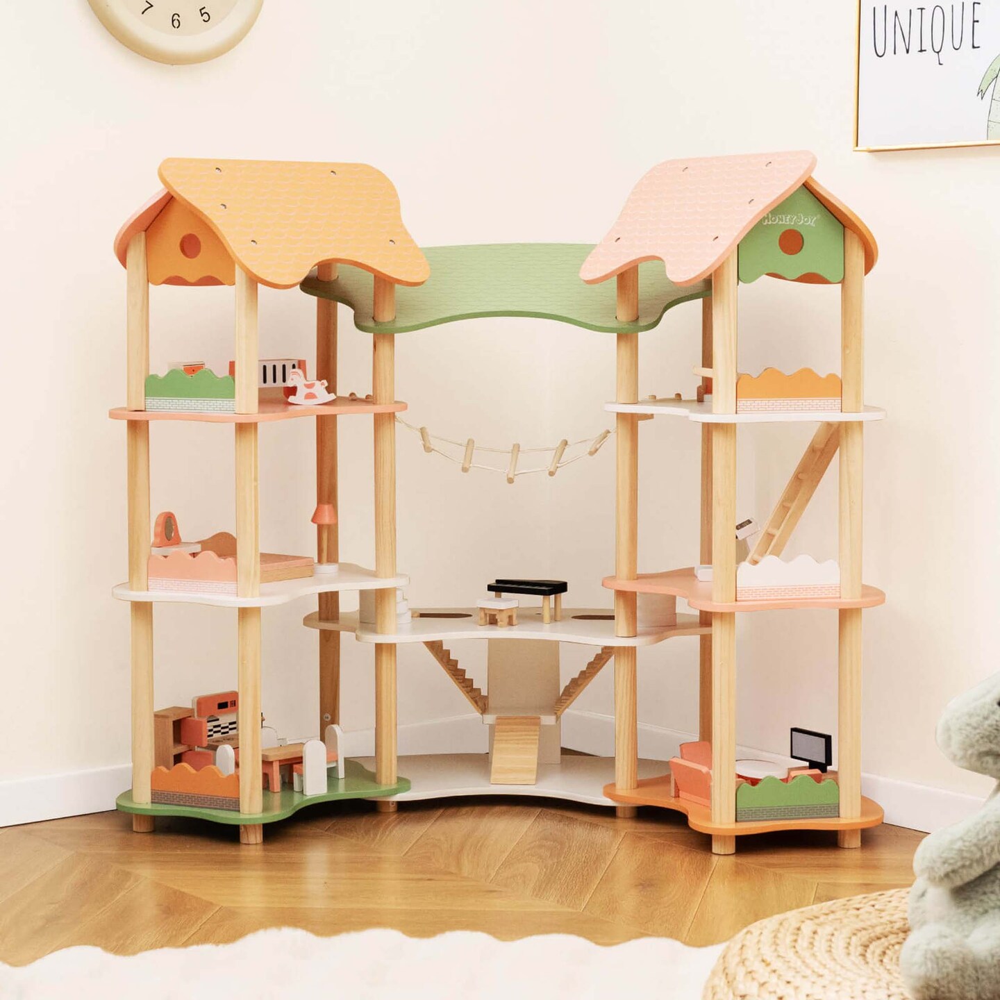 Hoenyjoy Kids Wooden Dollhouse Aged 3-8 Years Old with 32PCS Realistic Furniture Accessories