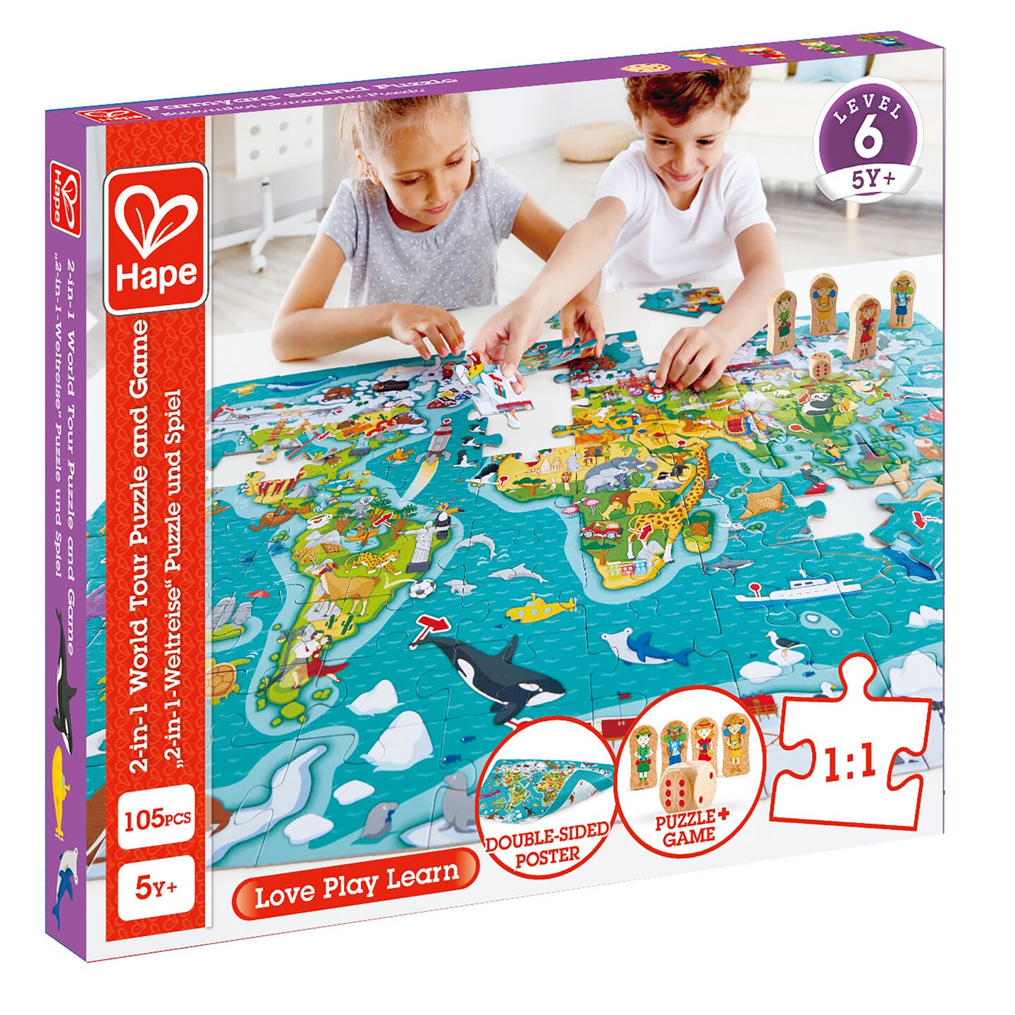 Hape: 2-In-1 World Tour Puzzle &#x26; Game - 105pc, Oversized Double-Sided Poster, Observation Puzzle &#x26; Race Around The Game, Learning Toy, Kids Ages 5+