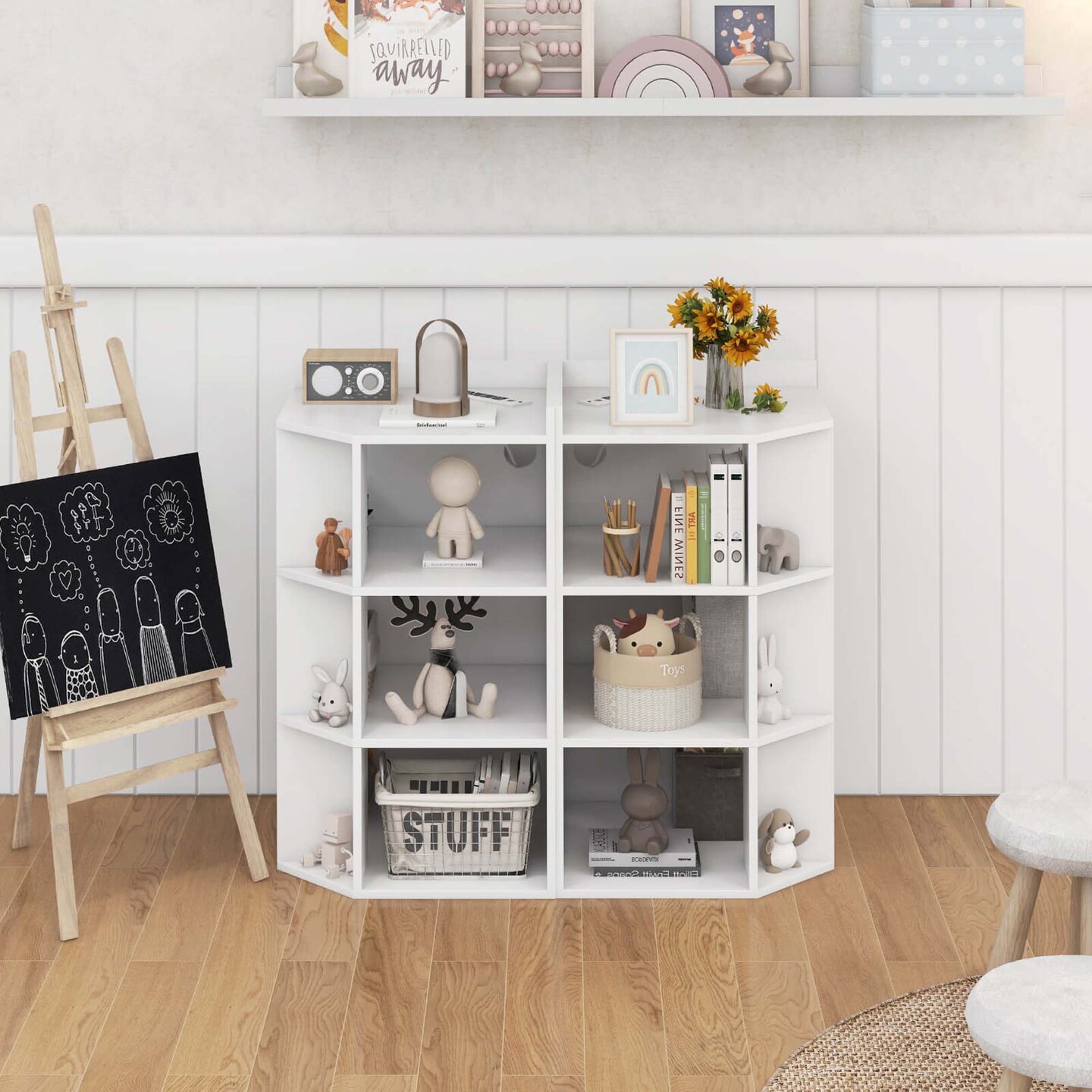 Costway 3-Tier Kids Corner Toy Storage Organizer with USB Ports and Outlets 9 Cubbies Grey/White