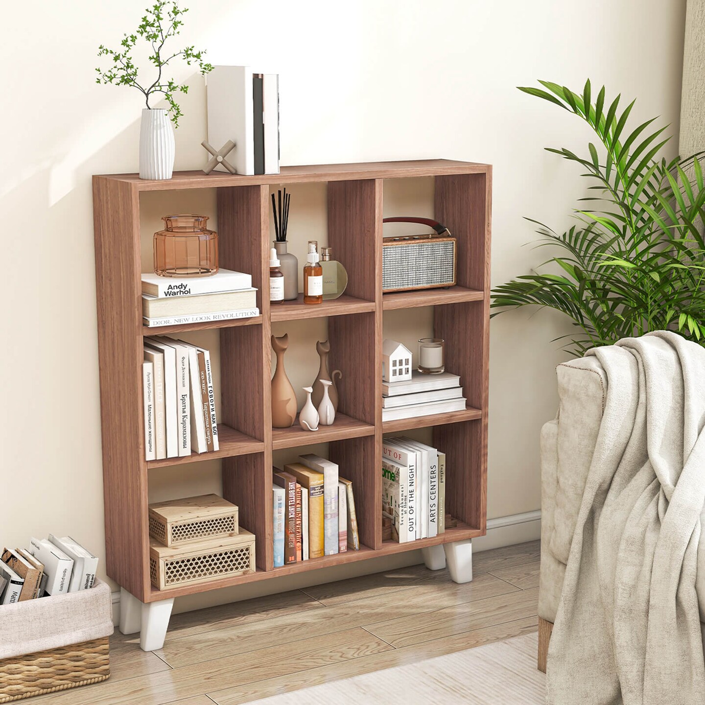 Costway 2 PCS 9-Cube Bookcase with 6 Removable Shelves Raised Support Feet for Living Room Brown/White