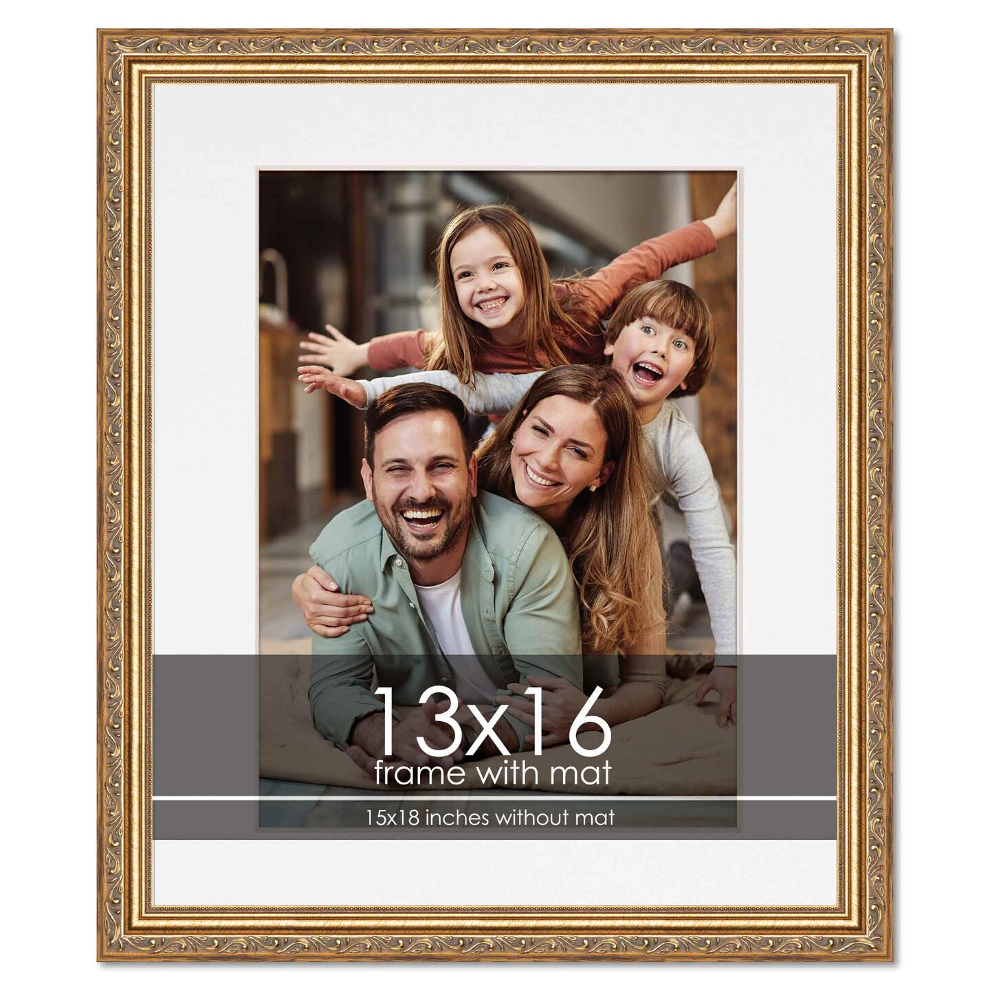 Antique Gold Frame with White Photo Mat, UV Acrylic Front, Foam Board Backing, 60 Sizes Available