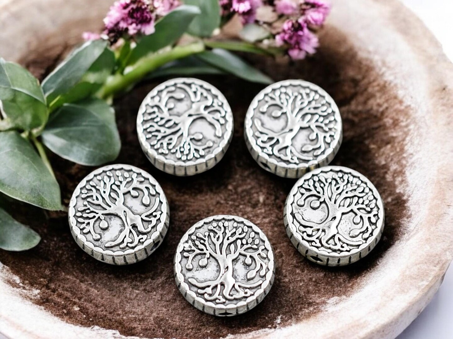 *10* 15mm Antique Silver Tree Of LIfe Coin Beads