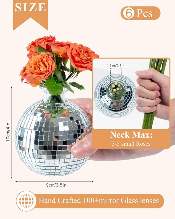 Disco Ball Vase for Centerpieces Disco Ball Planter for Flowers Silver Mirror Glass Disco Ball Decor for Table, Party, Wedding, Birthday, Home, or Bedroom(3.5&#x22; X 4&#x22;)