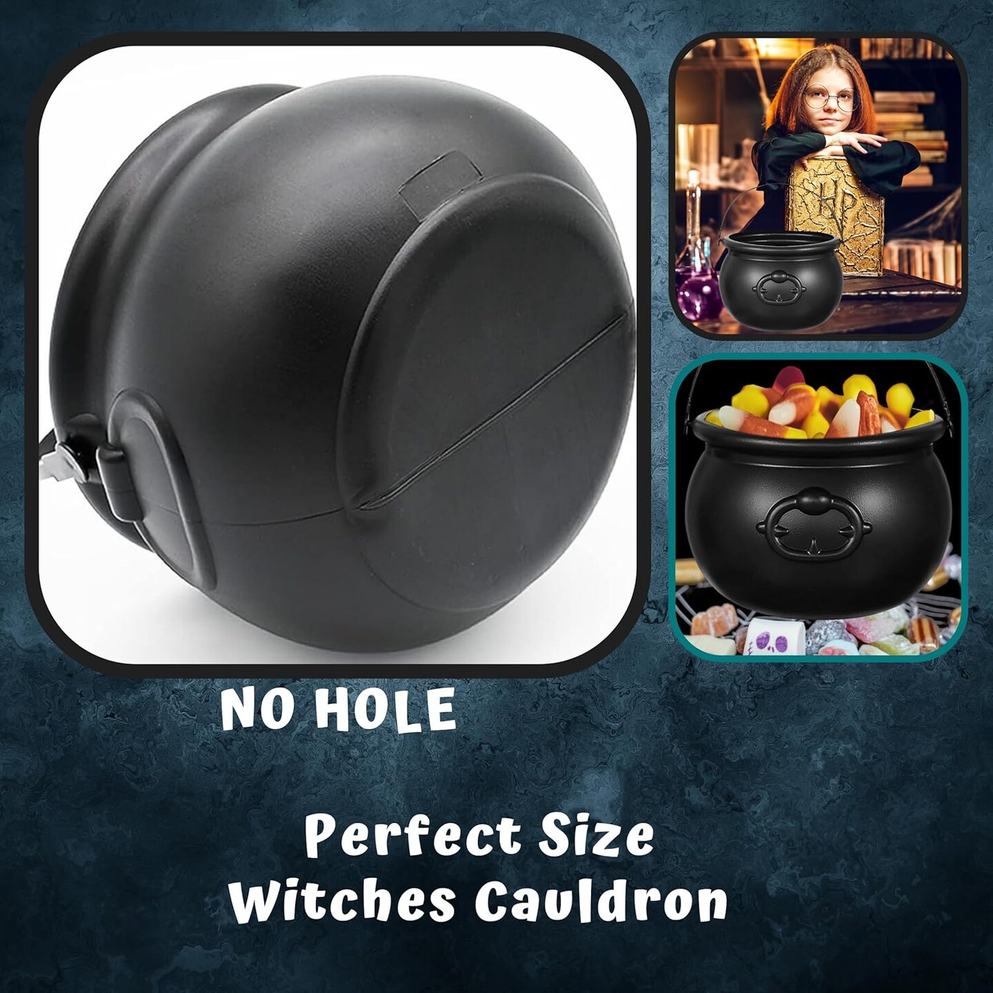 4E’s Novelty 7.5" Black Plastic Cauldron Candy Bowl – Large Halloween Witch Pot Bucket for Trick or Treat, Party Table Centerpiece, St. Patrick’s Day Pot of Gold, Leprechaun Decor, Wizard Accessory