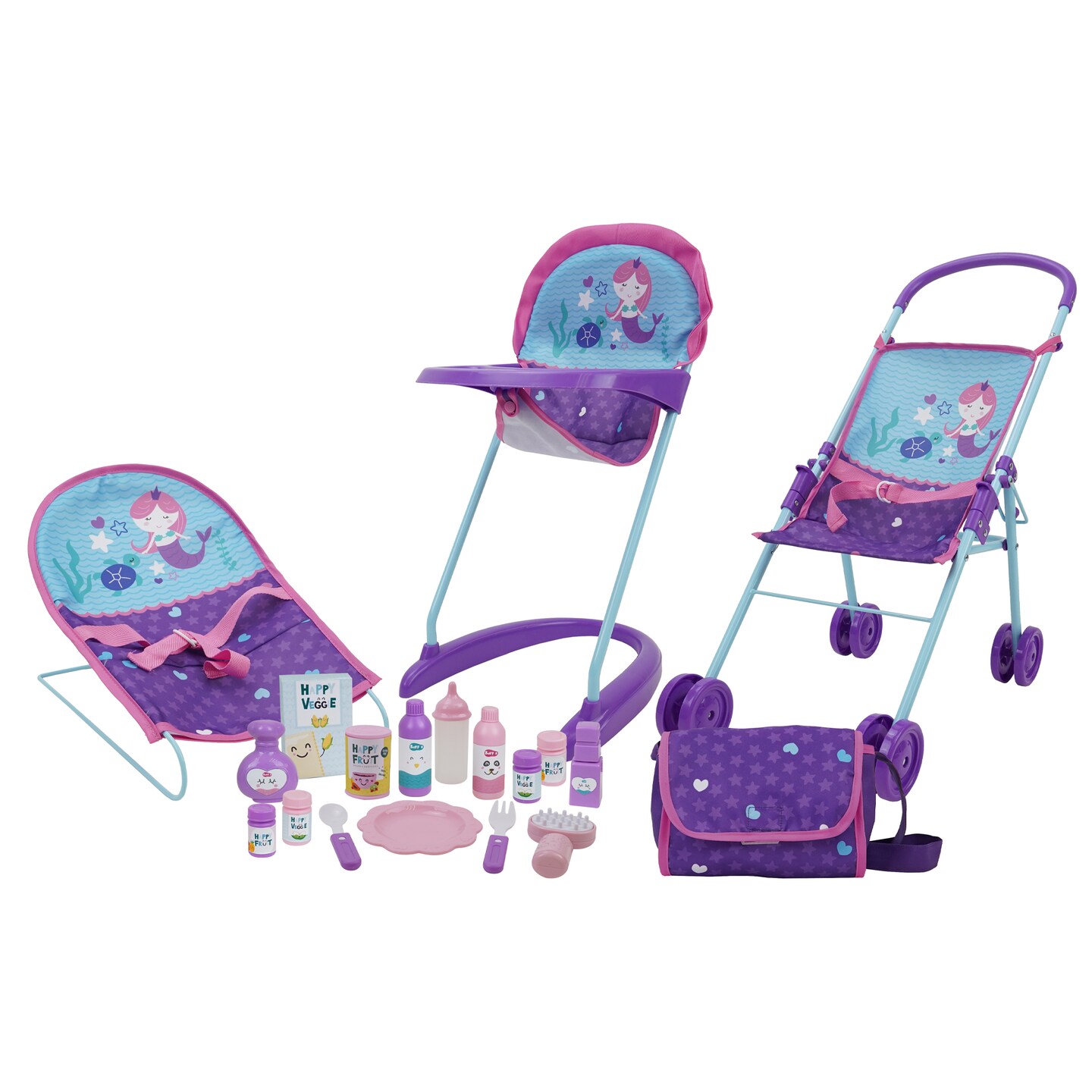 509: Mermaid 19 Piece Set:  Doll Travel, Feed, Sleep n Play Set - Half Folding Doll Stroller, Bouncer, Highchair, 15 Piece Accessories &#x26; Diaper Bag/Handbag, Kids Pretend Play Ages 3+