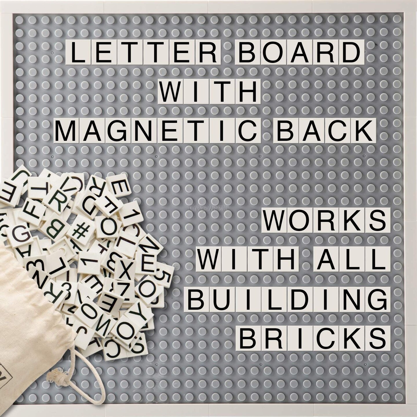 Creative QT Brick Building Letter Board, Grey, 10x10 Inches, Over 285 Story Bricks, Letters, and Symbols, Changeable Brick Message Board with Magnetic Backing