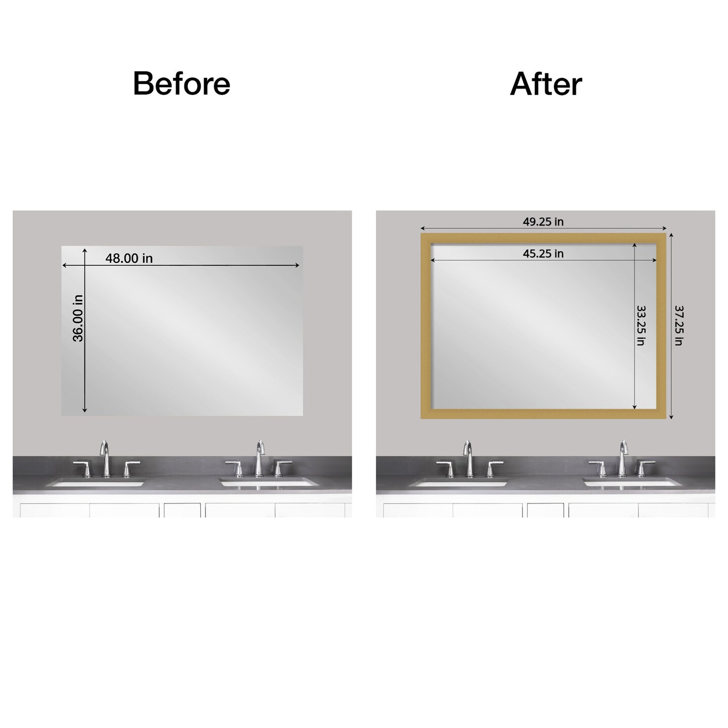 Amanti Art Mirror Makeover Bathroom Mirror Frame Border Kit - Fully Assembled Peel and Stick Frame - Mirror NOT Included - Grace Brushed Gold Trim
