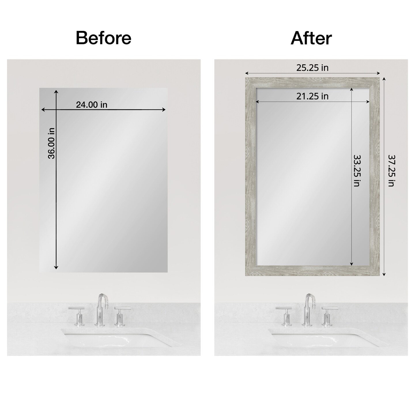 Amanti Art Mirror Makeover Bathroom Mirror Frame Border Kit - Fully Assembled Peel and Stick Frame - Mirror NOT Included - Dove Greywash Narrow Trim