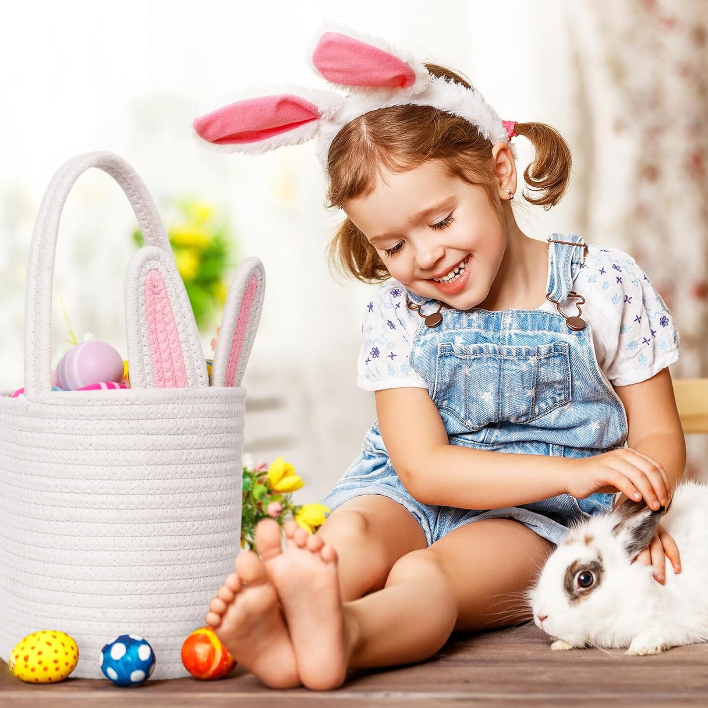 Easter Baskets for Kids,Bunny Easter Basket with Handle, Egg Hunt Easter Bag Decorations Candy Gifts Storage for Boys and Girls