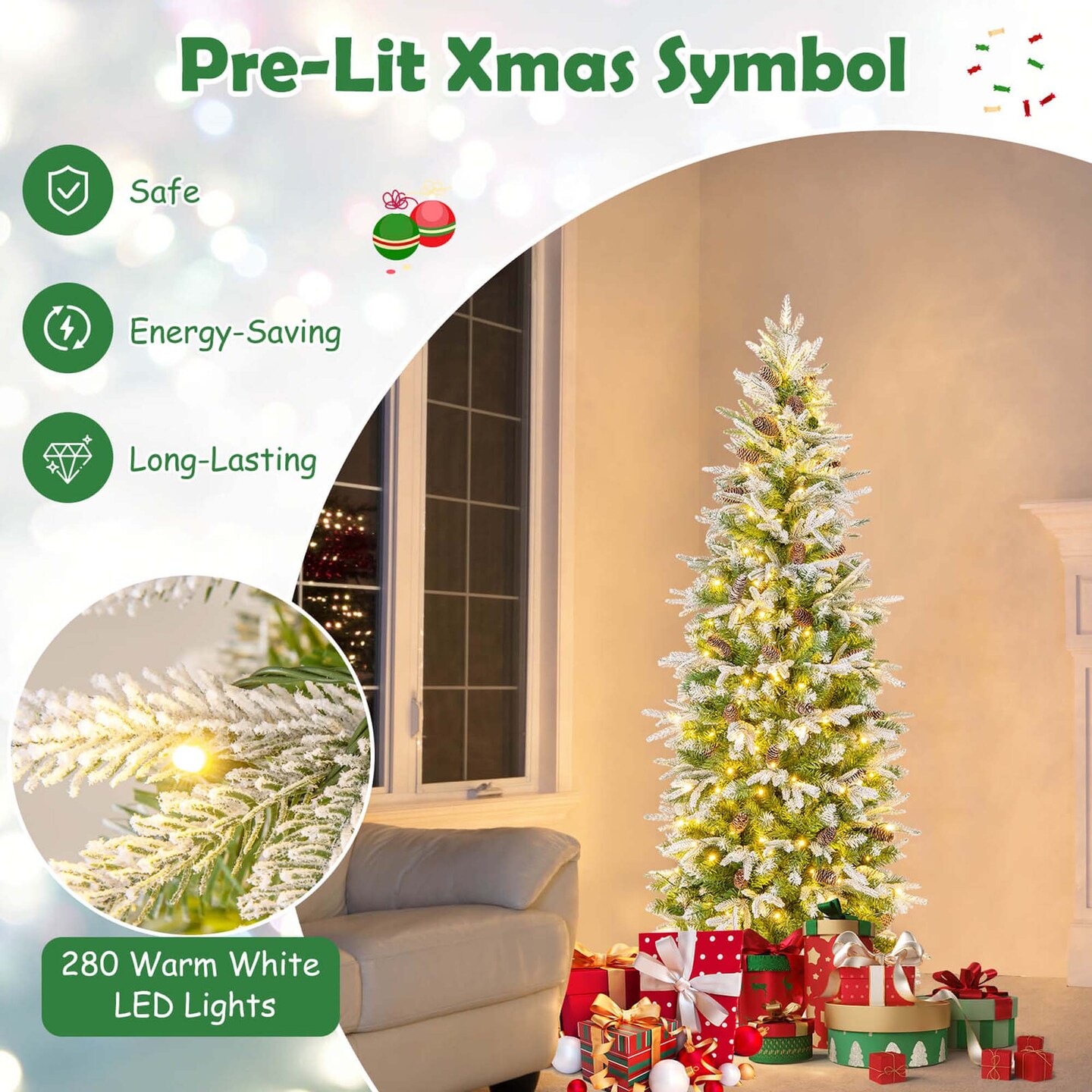Costway 6/7.5/9 FT Flocked Christmas Tree with 671/913/1310 PE PVC Branch Tips 280/350/470 Warm White LED Lights