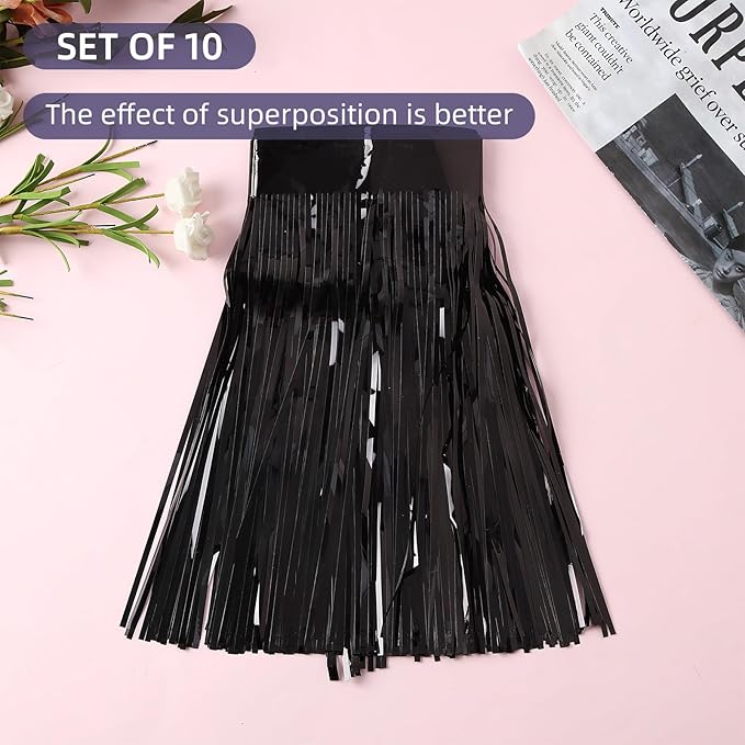 10 Pack 10 Feet Black Fringe Garland Foil Fringe Garland Metallic Tinsel Streamers Fringe Backdrop Banner for Parade Floats Birthday Party Decorations Halloween Christmas Decoration (Black)