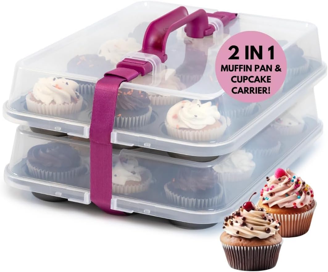 Cupcake Carrier for 24 Cupcakes - Innovative Cupcake Holder includes 2 Cupcake Pans with Lid and Handle - Cupcake Travel Container Carries 12 or 24 Standard-Size Cupcakes for Storage Safely