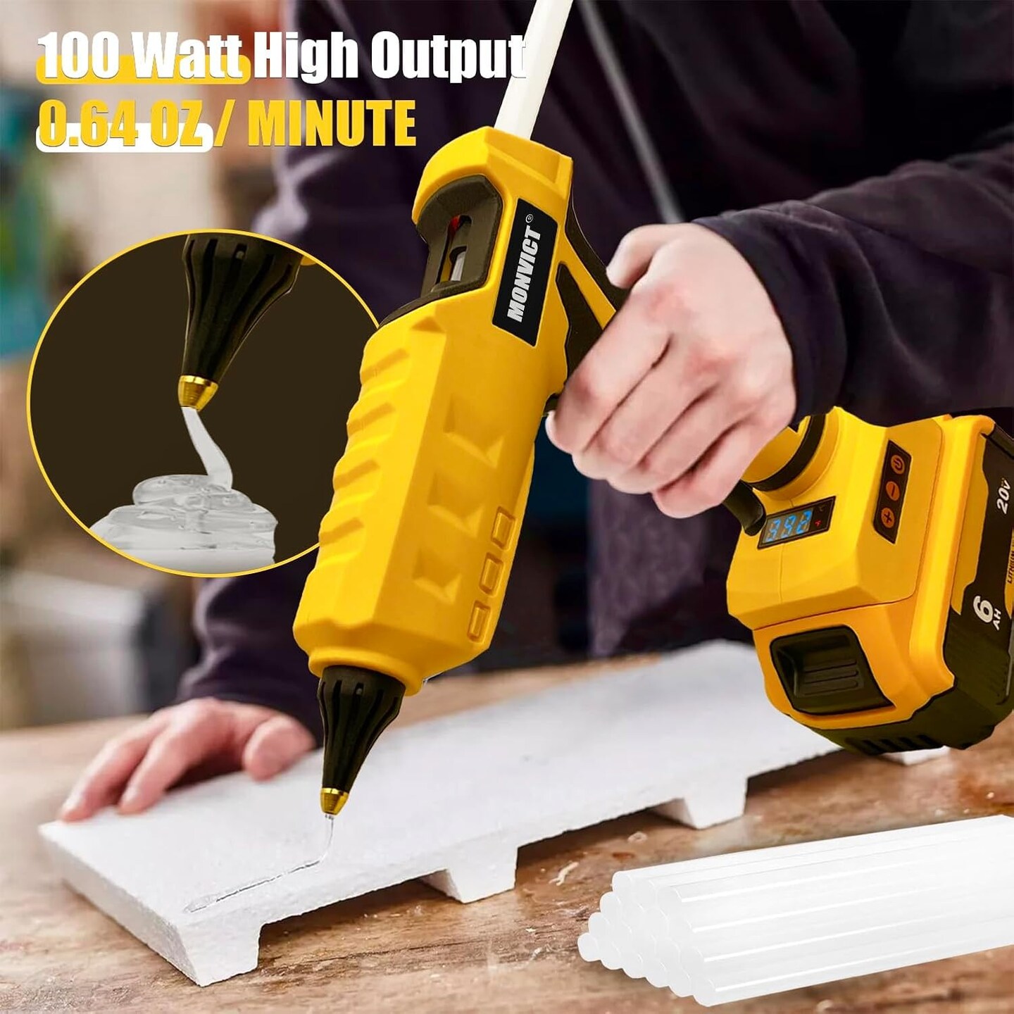 Cordless Glue Gun 20V Battery, Upgraded 100W Digital Temperature Adjustable Handheld Electric Power Full Size Heavy Duty Hot Glue Gun with 10 Glue Sticks (Battery Not Included)