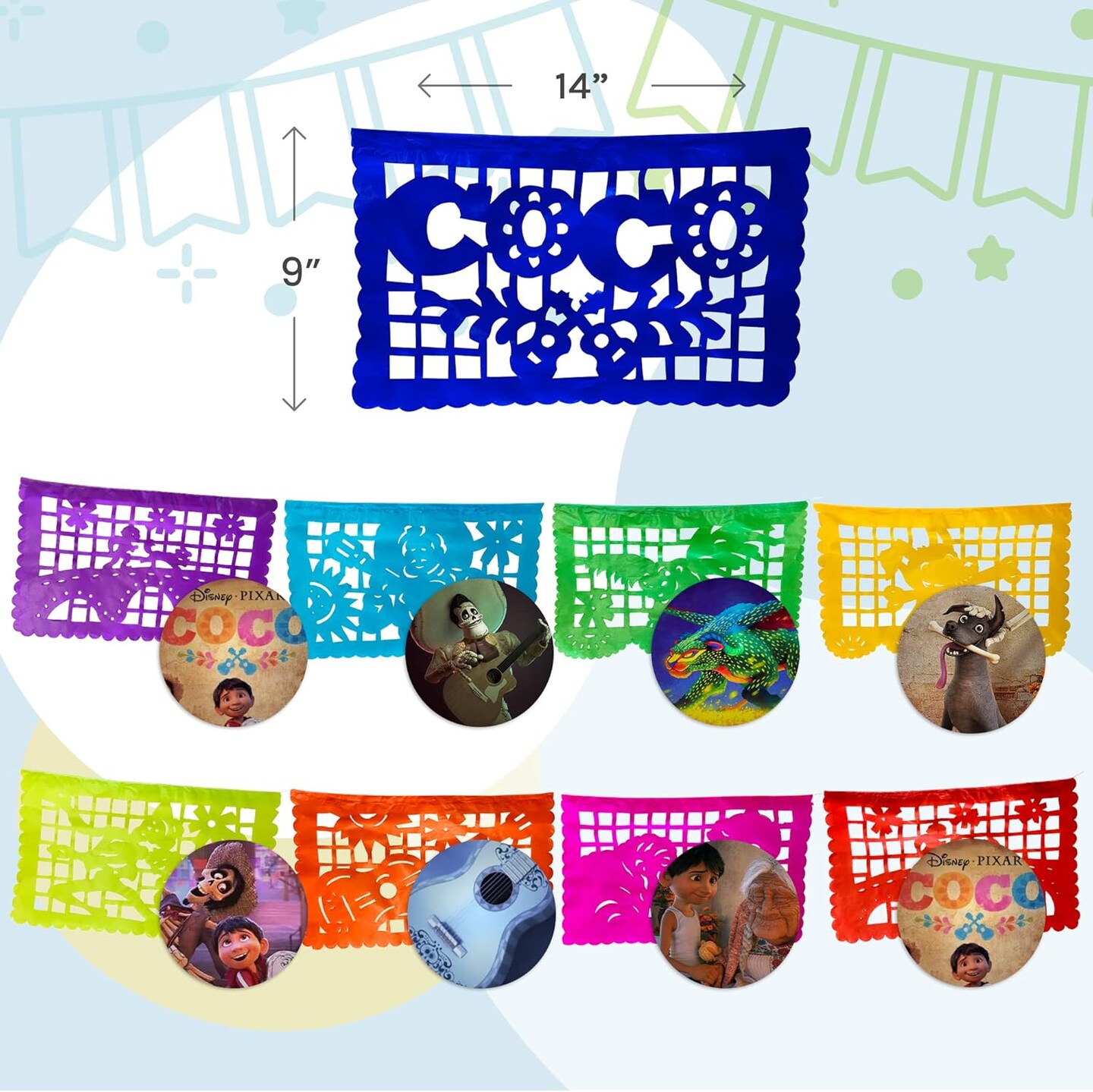 Cinco de Mayo Party Decorations | Coco Mexican Party Banners | Mexican Papel Picado (PAPER) with Disney Coco Characters and Scenes (2x15-ft, 30-ft total)