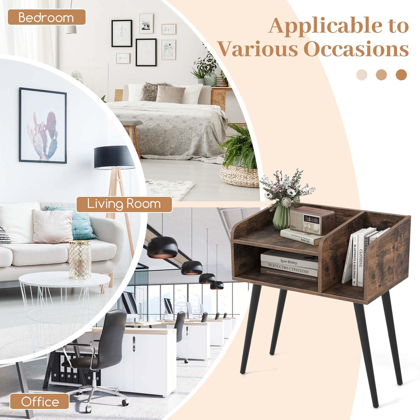Costway Mid Century Modern End Table with Open Shelves Metal Support Legs for Bedroom White/Black/Coffee