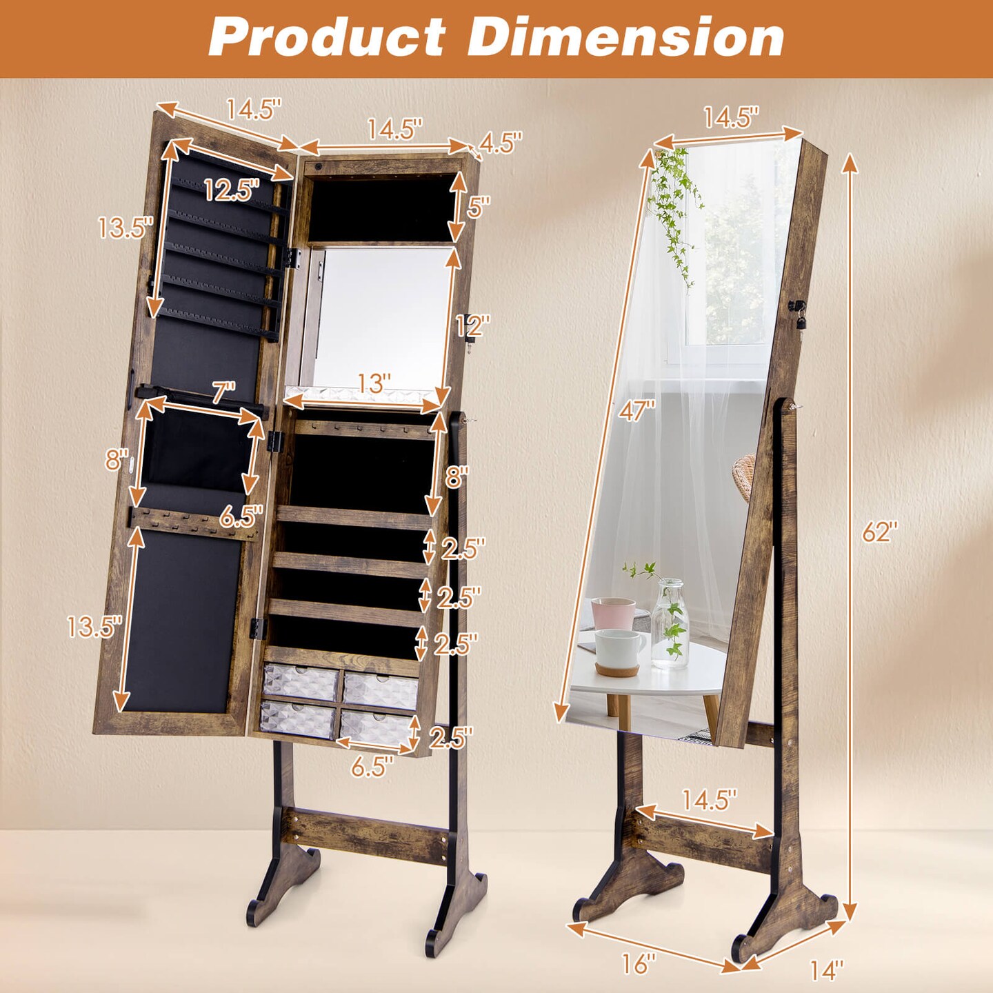 Costway Jewelry Cabinet Armoire Full Length Frameless Mirror Lockable with Lights White/Black/Rustic Brwon