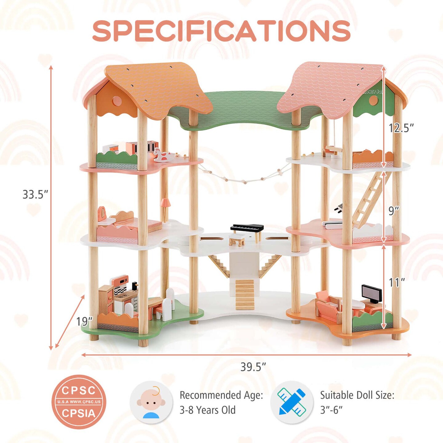 Hoenyjoy Kids Wooden Dollhouse Aged 3-8 Years Old with 32PCS Realistic Furniture Accessories