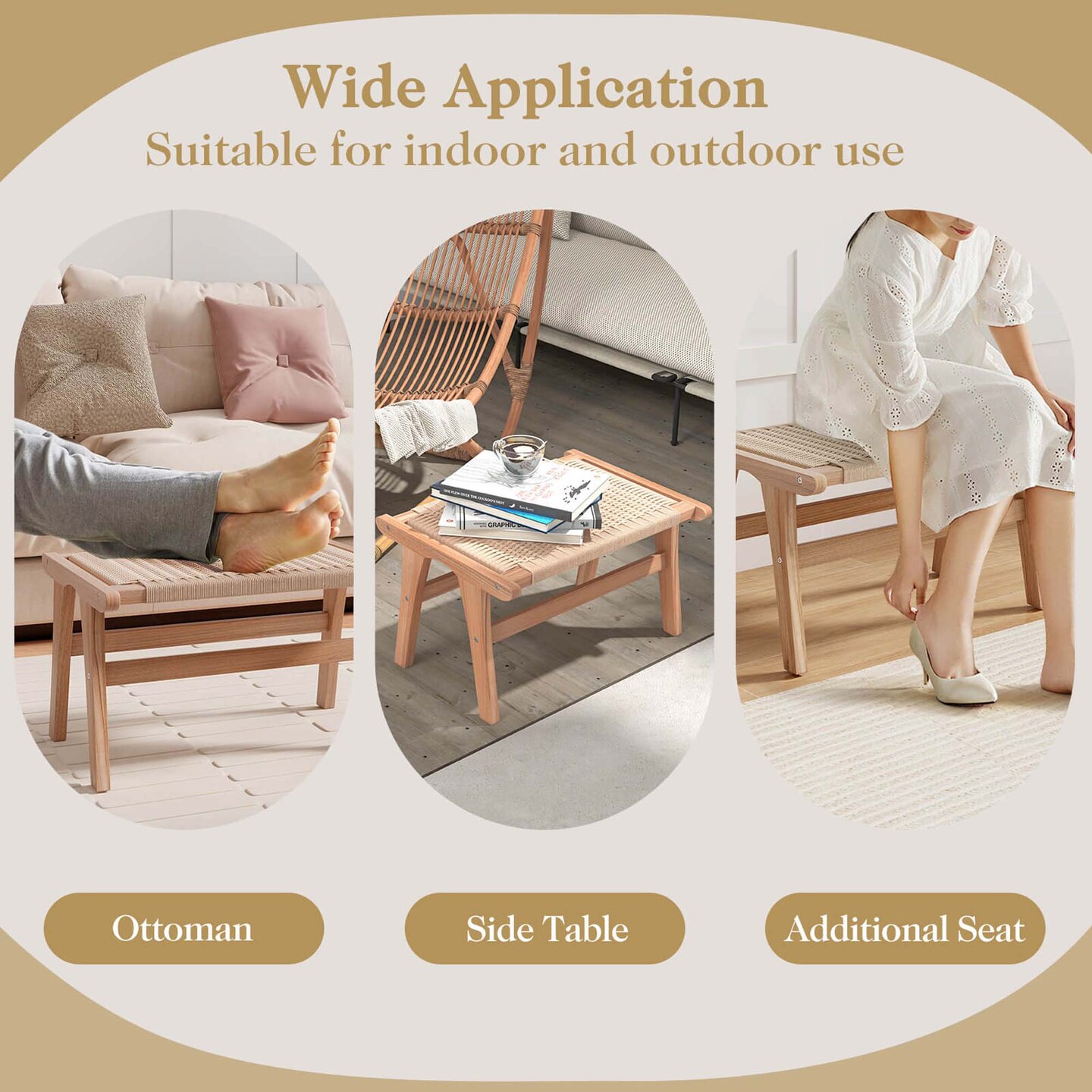 Costway 1/2 PCS Teak Wood Ottoman Footstool with Braided Rope for Living Room Bedroom Office