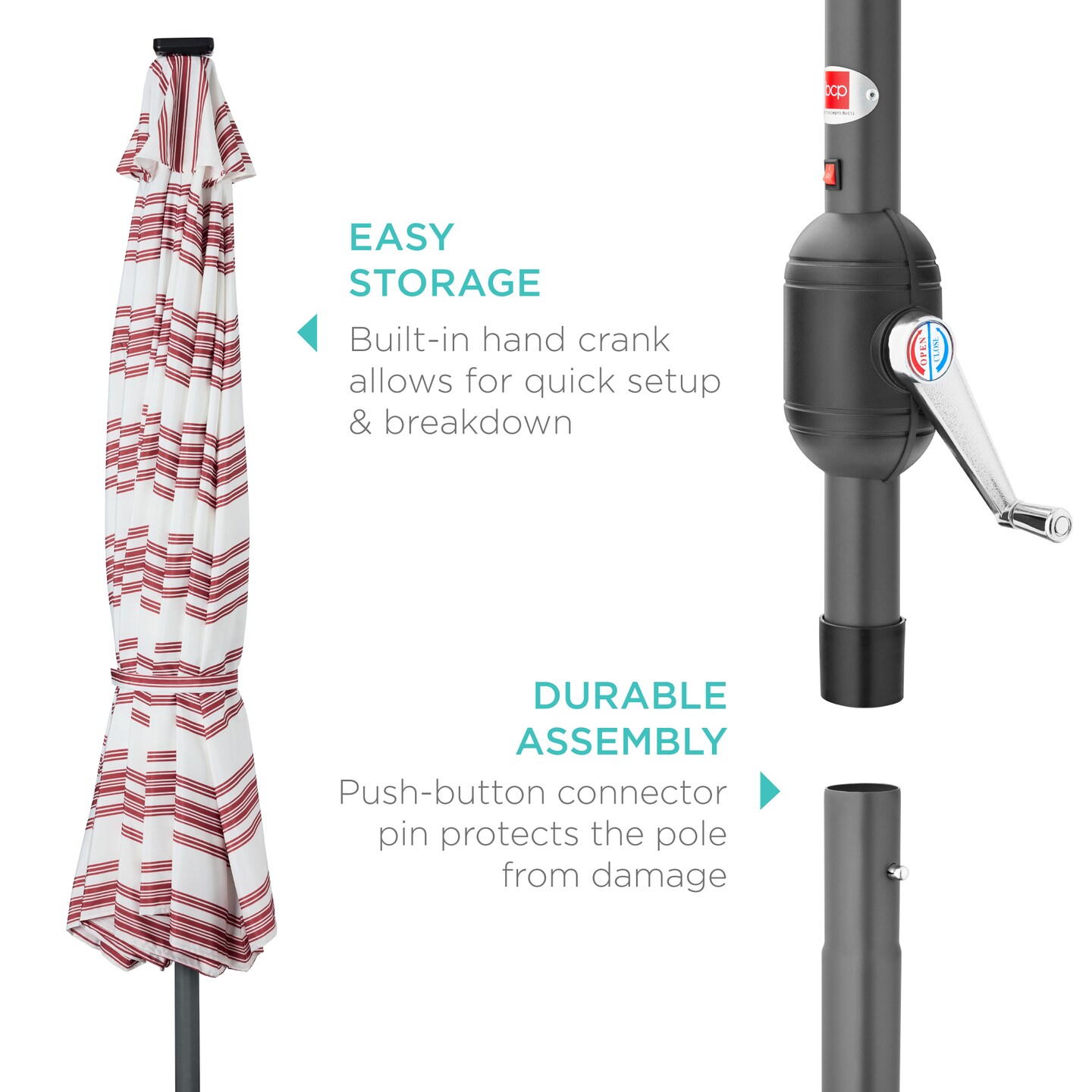 Best Choice Products 10ft Solar LED Lighted Striped Patio Umbrella w/ Crank, Tilt, Push Button, 6 Ribs