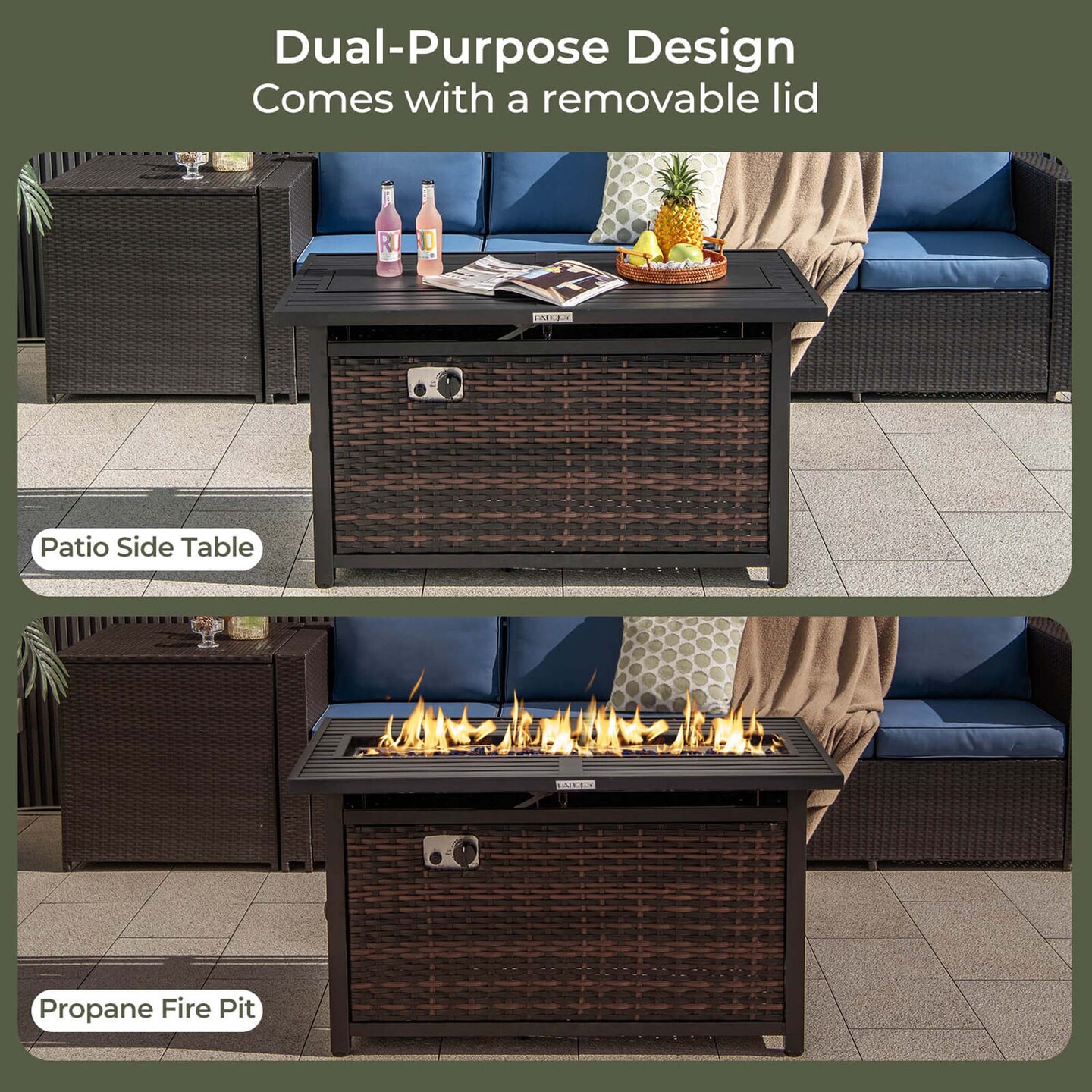 Costway 45&#x22; Propane Rattan Firepit Table with Glass Stones &#x26; Protective Cover Metal Frame