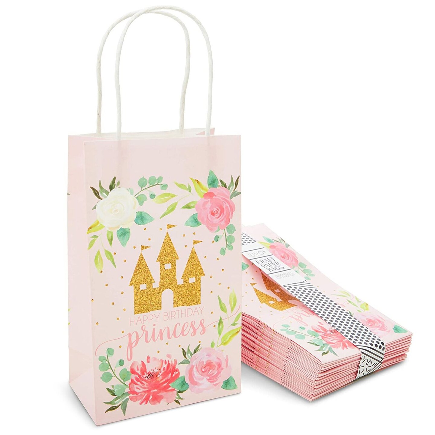Pink Princess Castle Paper Birthday Party Gift Bags (9 x 5.3 in, 24 Piece)