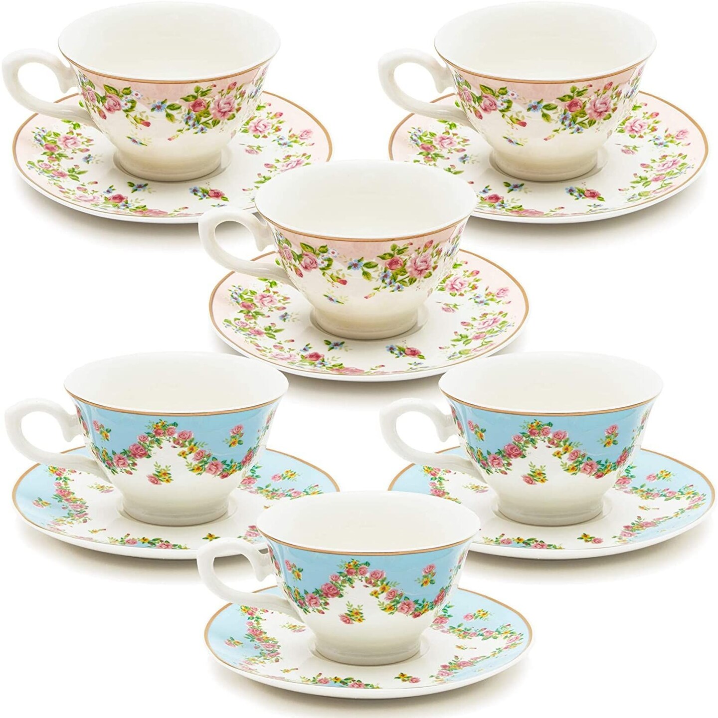 Set of 6 Vintage Floral Tea Cups and Saucers for Tea Party Supplies, Perfect for Bridal Showers, Garden Parties, Brunch Gatherings, Afternoon Teas &#x26; Receptions (Blue, Pink, 8oz)