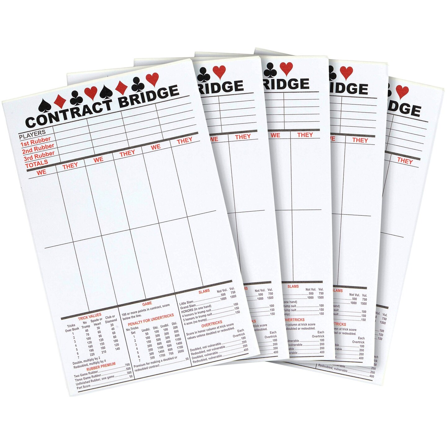 250 Sheets Contract Bridge Score Pads and Tallies, Game Scoring Cards Supplies, Large Print with Trick Values (5 Notepads)