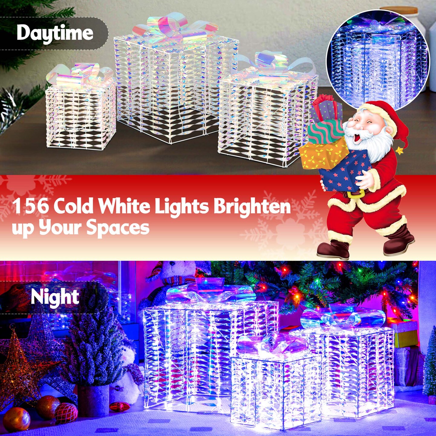 Costway Set of 3 Iridescent Christmas Gift Box LED Lighted Present Box Decoration Yard