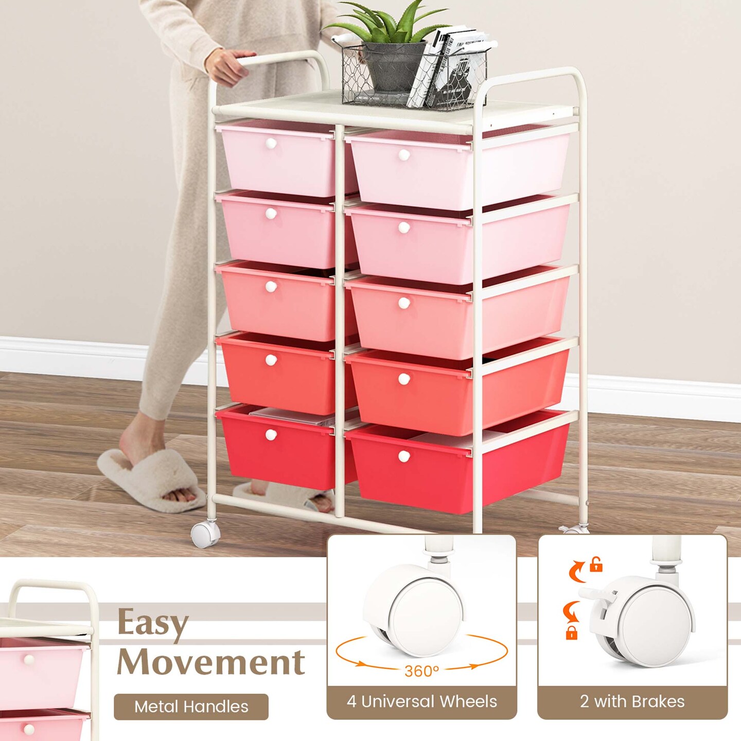 Costway 10-Drawer Storage Cart Utility Rolling Trolley Kitchen Office Organizer Black/Clear/Macaron/Grey/Black Gardient/Multicolor/Pink/RainbowithWhite/Hot Pink/Skin Pink/Purple