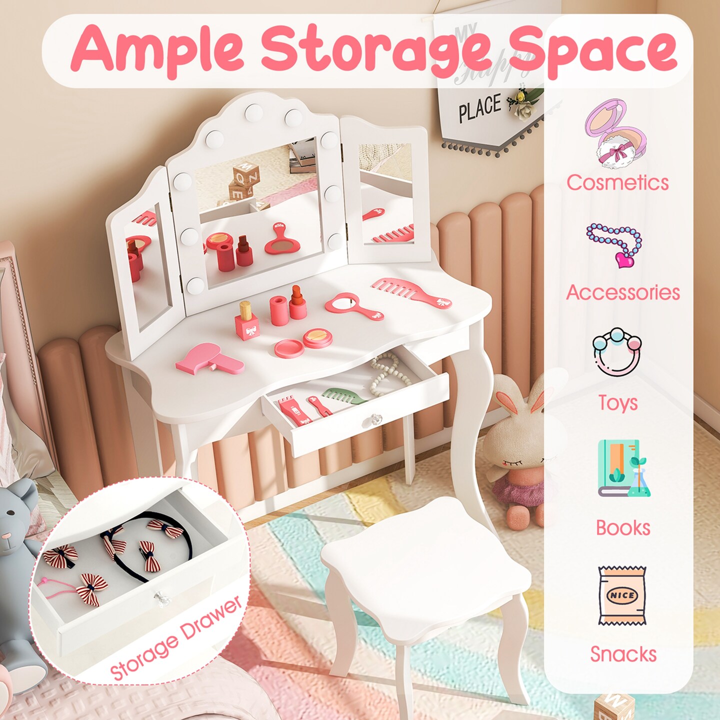 Costway Kid Vanity Table Stool Set Tri-Folding Mirror Adjustable 3