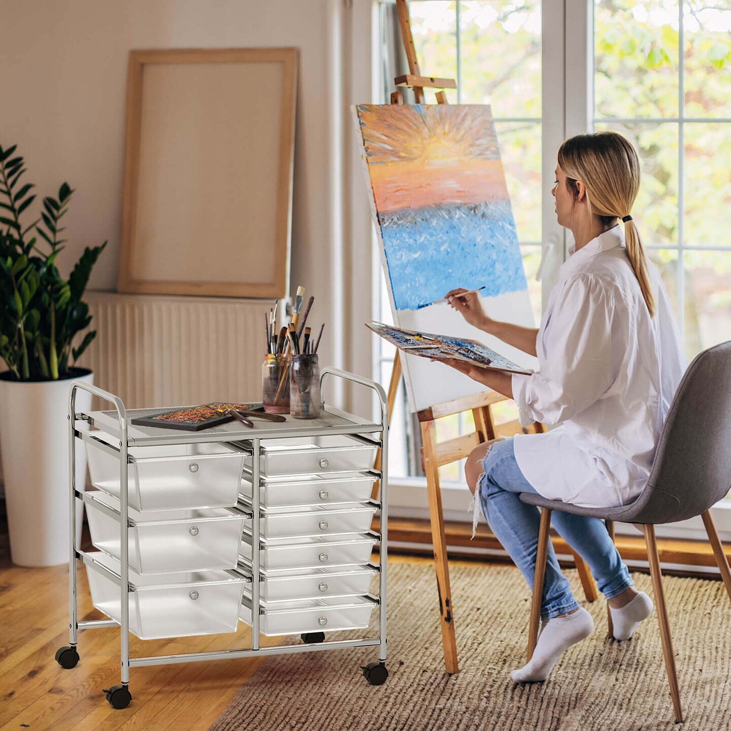 Costway 9 Drawer Rolling Organizer Cart Utility Storage Tools Scrapbook Paper Multi-Use Macaron/White/Hot Pink/Light Pink/Clear/Black