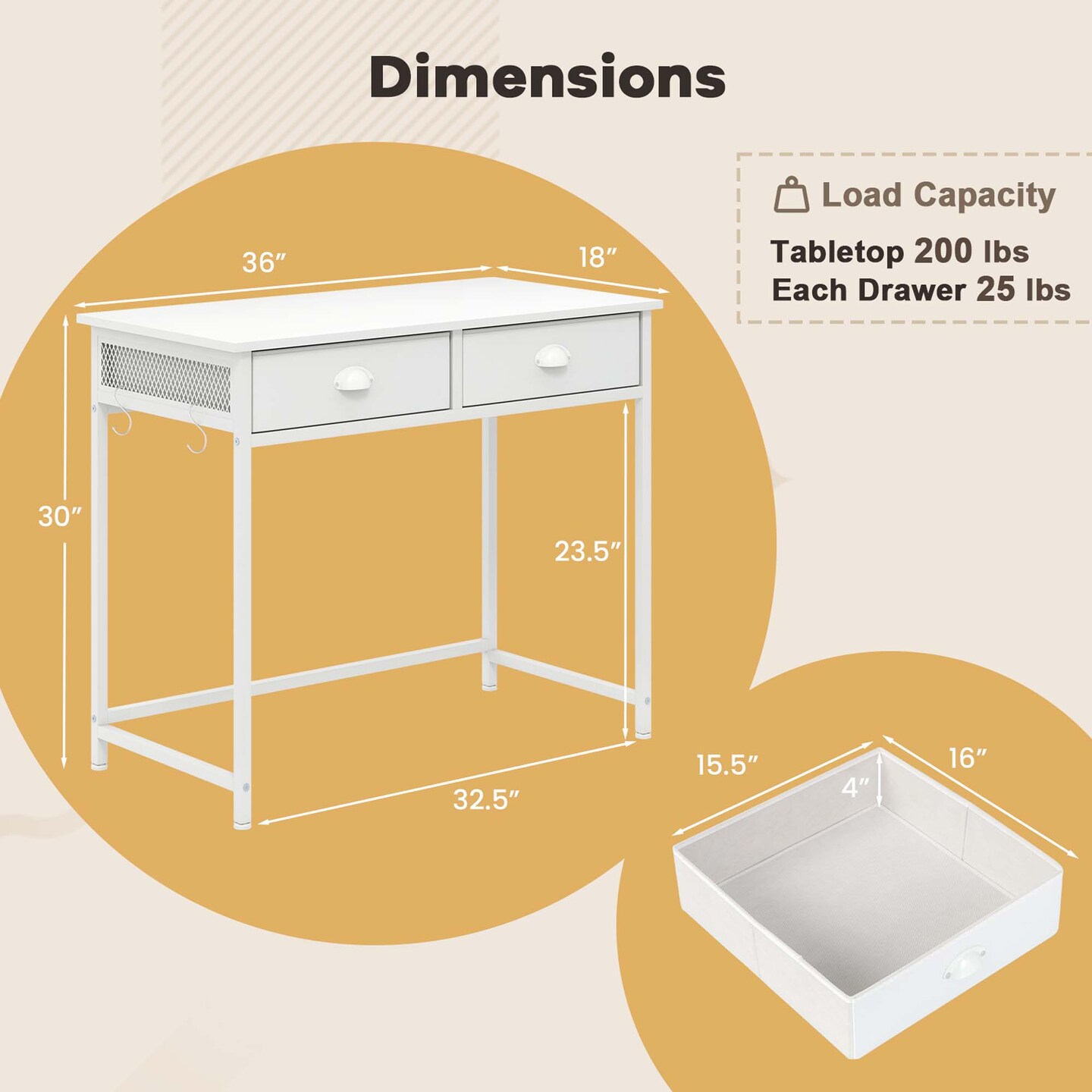 Costway Space Saving Home Computer Desk with 2 Fabric Drawers 4 Hanging Hooks &#x26; Metal Frame Brown/White