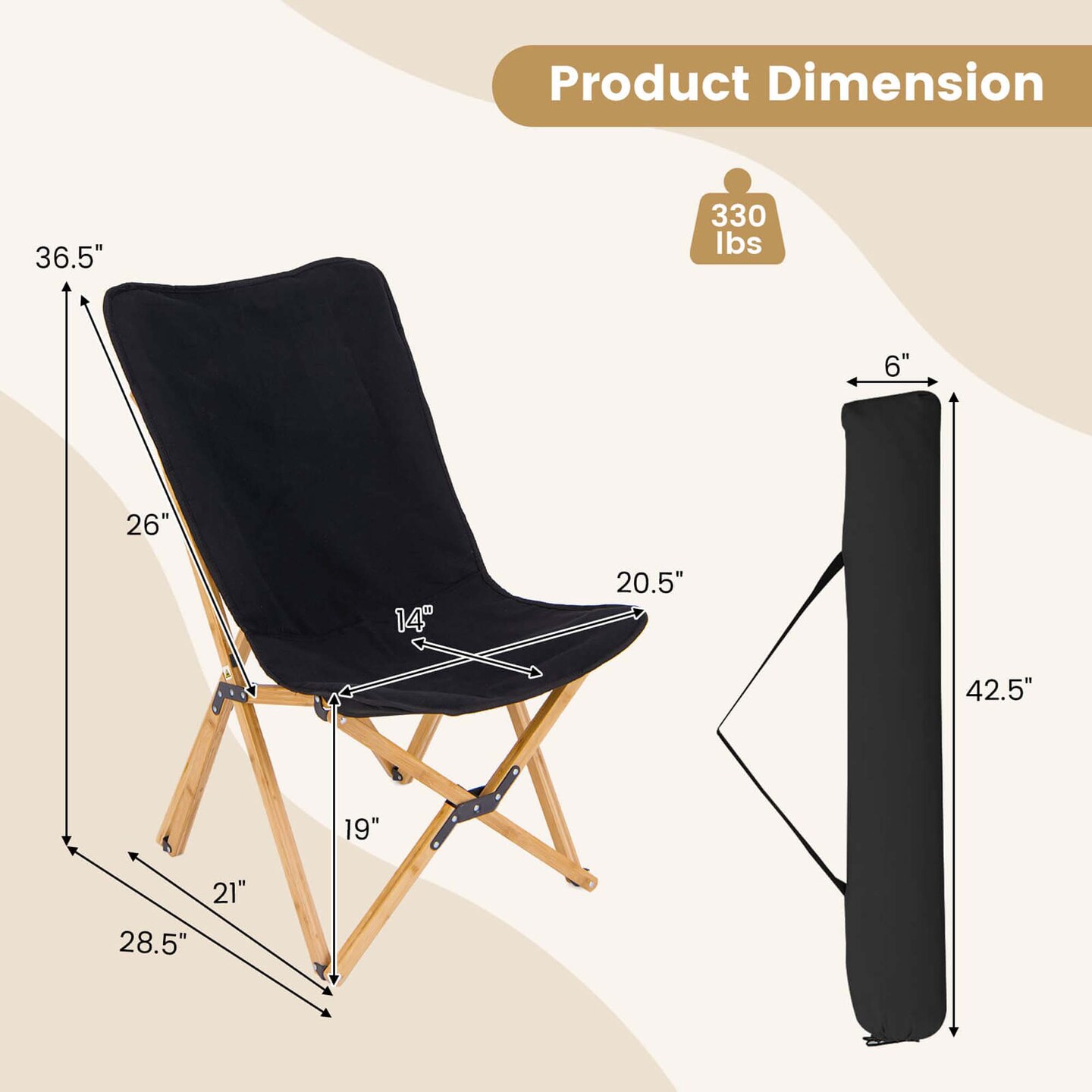 Costway Bamboo Butterfly Folding Chair Set of 2 with Storage Pocket 330 LBS Capacity Black/Beige