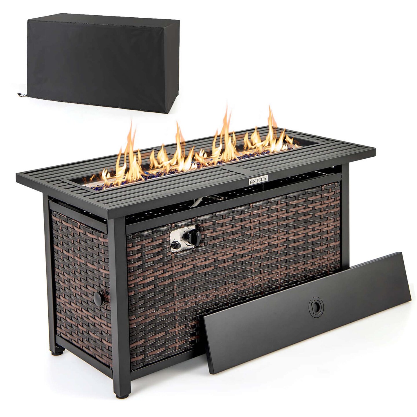 Costway 45" Propane Rattan Firepit Table with Glass Stones & Protective Cover Metal Frame