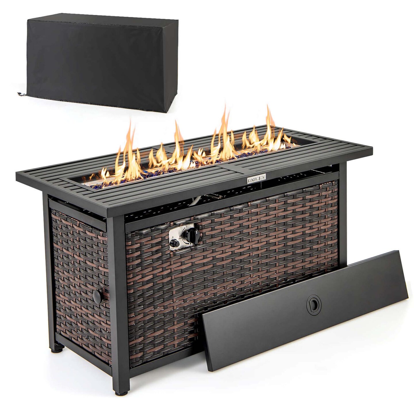 Costway 45&#x22; Propane Rattan Firepit Table with Glass Stones &#x26; Protective Cover Metal Frame