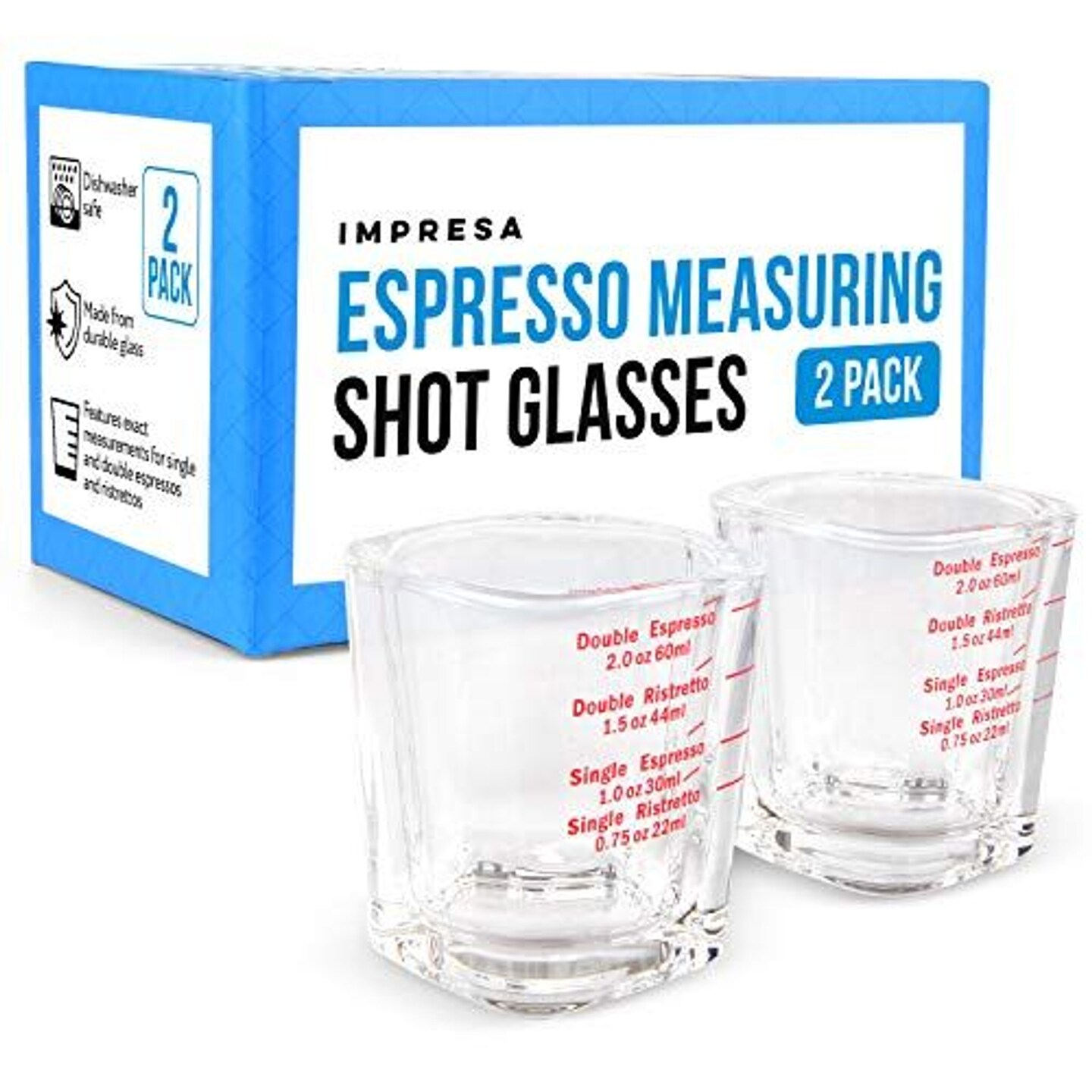 IMPRESA [2 Pack] Espresso Measuring Shot Glasses for Baristas or Home Use - Dishwasher Safe Espresso Shot Glasses 2oz