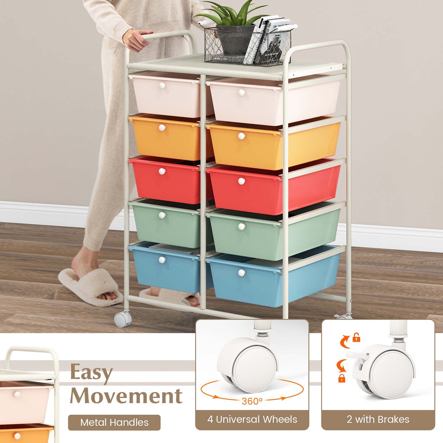Costway 10-Drawer Storage Cart Utility Rolling Trolley Kitchen Office Organizer Black/Clear/Macaron/Grey/Black Gardient/Multicolor/Pink/RainbowithWhite/Hot Pink/Skin Pink/Purple
