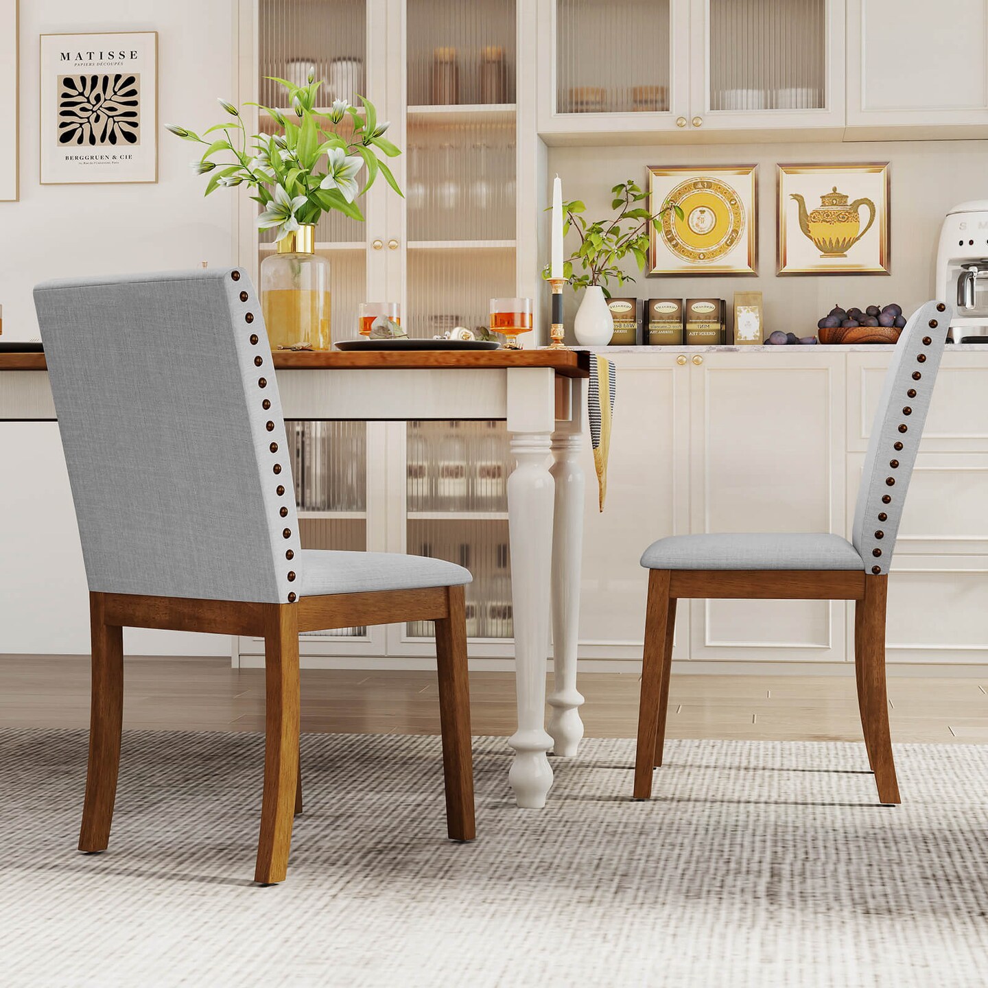 Costway Upholstered Dining Chairs Set of 2/4 with Nailhead Trim Rubber Wood Legs Padded Seat