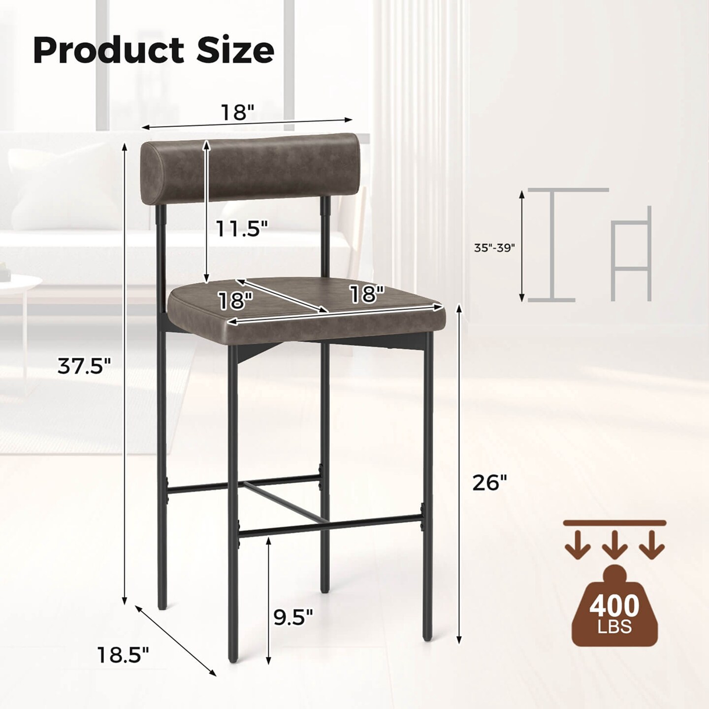 Costway 26" Upholstered Bar Stools Set of 4 with Padded Cushion & Backrest Footrest Brown/Gray