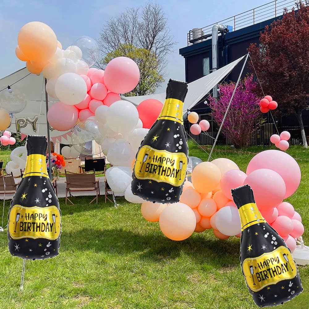 Champagne Bottle Foil Balloons – Black & Gold, 3-Piece Set for Birthday, Wedding, and Anniversary Party Decorations