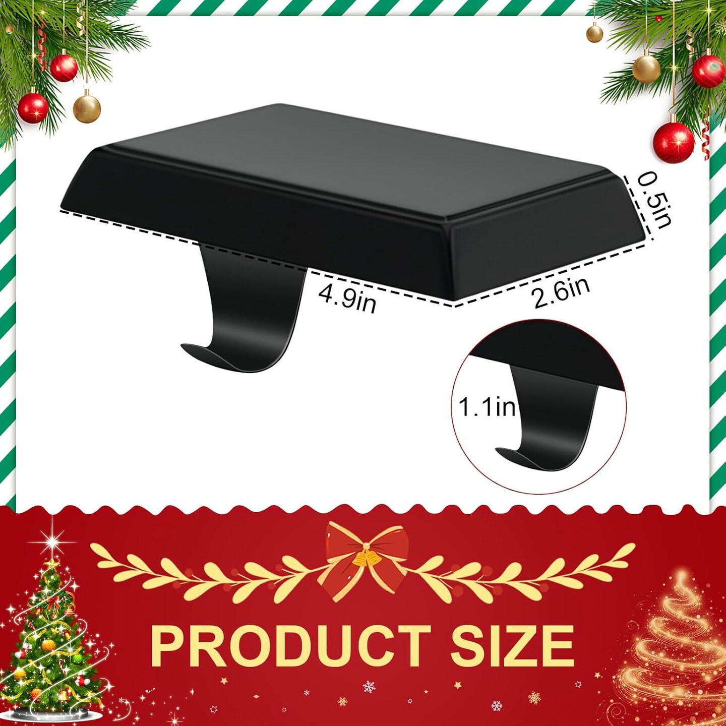 Christmas Stocking Holder for Mantle Set of 2, Black Christmas Stocking Hanger with Hook, Non-Slip Heavy Stocking Holders for Christmas Fireplace Mantel Decoration