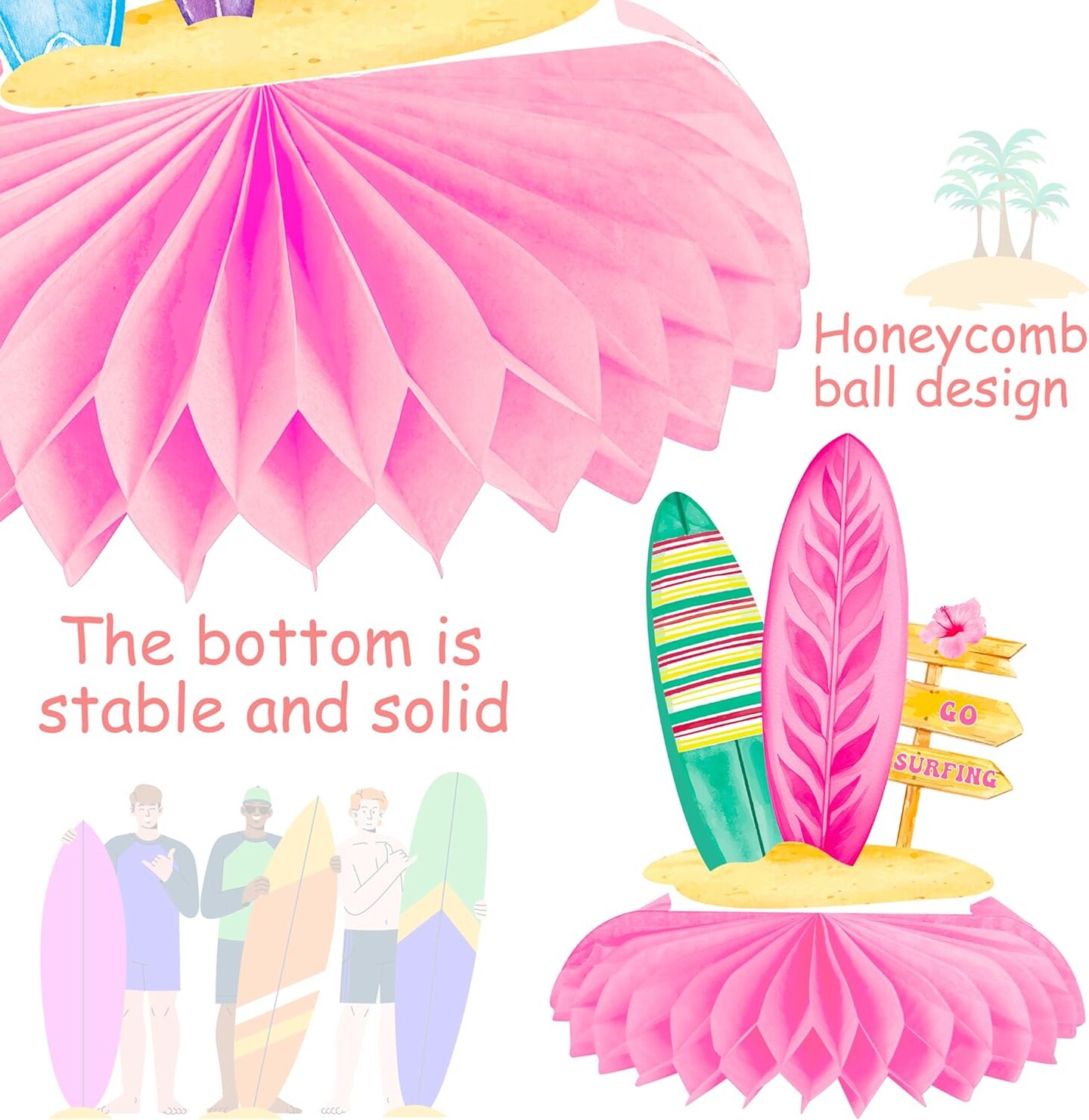 Summer Surf Party Honeycomb Centerpieces 13Pcs Vintage Surfing Surfboard Birthday Party Decorations for Girls Pink Surfer Van Surfboard Theme Centerpieces for Hawaii Beach Surf Party Supplies