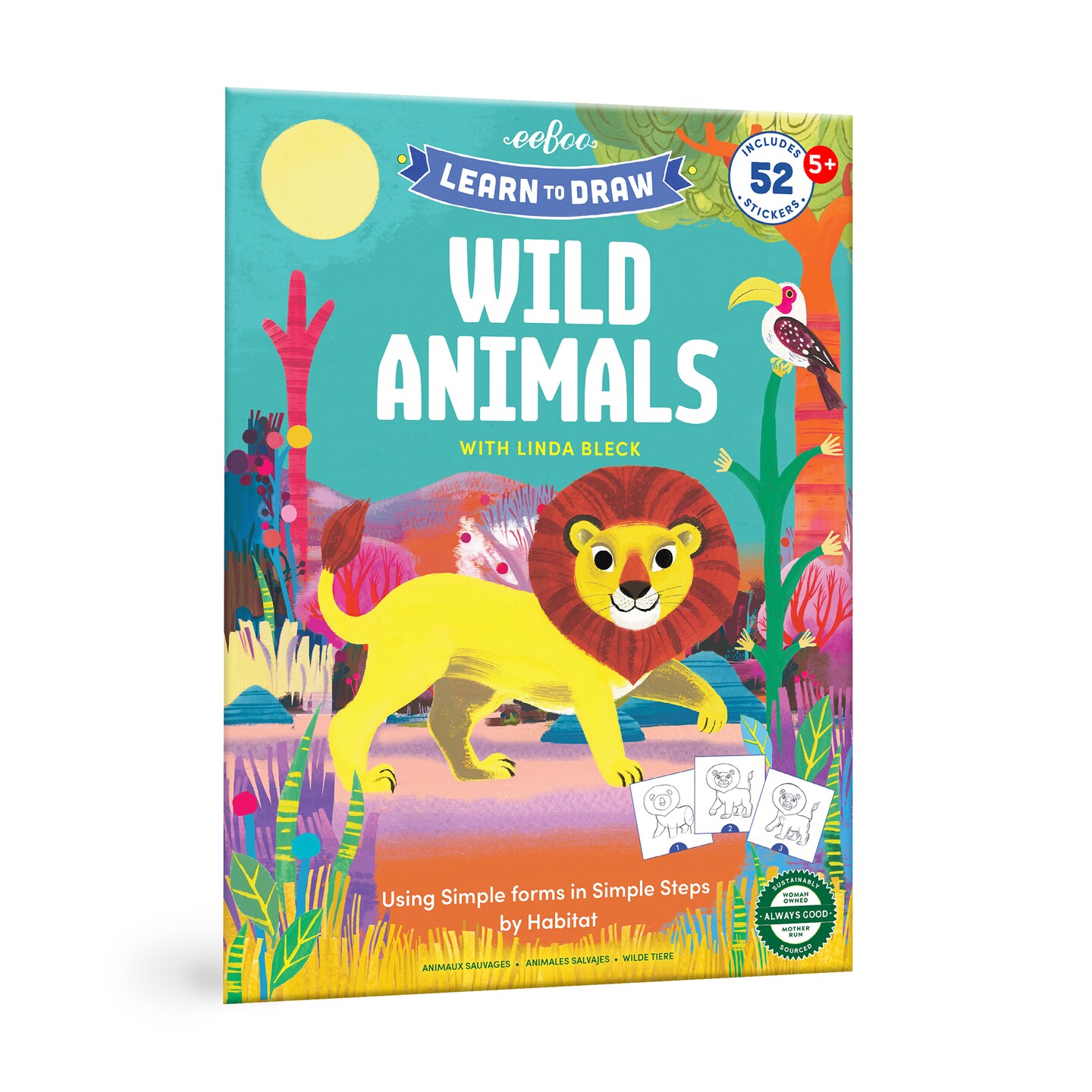 eeBoo: Learn to Draw - Wild Animals - Drawing Guidebook, 50+ Stickers, Themed Step-By-Step Lessons, Simple Forms In Simple Steps, Kids Ages 5+