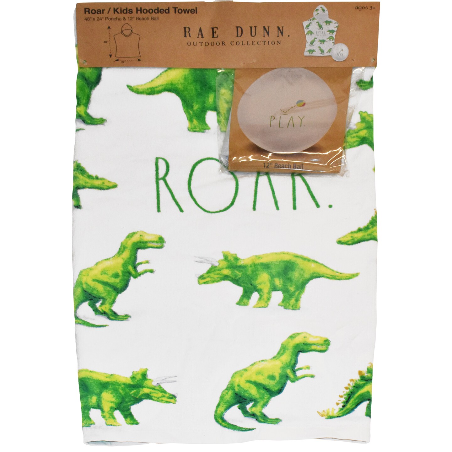 Rae Dunn: Roar Kids Hooded Towel &#x26; 12&#x22; Beach Ball - Dinosaur 48&#x22;x 24&#x22; Poncho, Cotton Terry Beach Cover Up, Toddler 3+