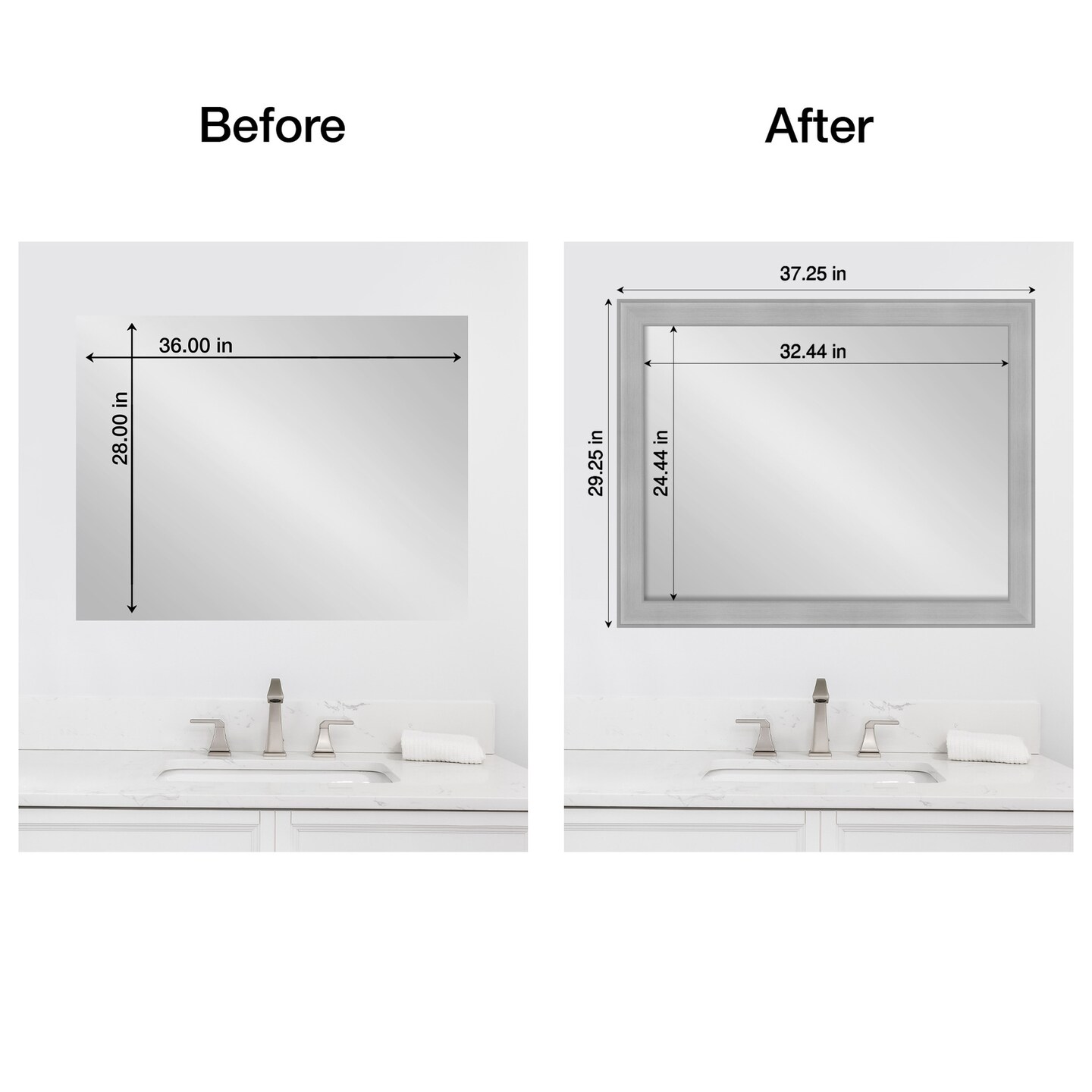 Amanti Art Mirror Makeover Bathroom Mirror Frame Border Kit - Fully Assembled Peel and Stick Frame - Mirror NOT Included - Vista Brushed Nickel Trim