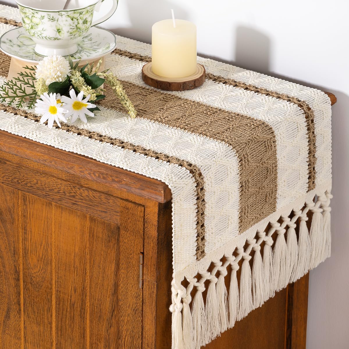 Boho Table Runner – Fall Thanksgiving Farmhouse Rustic, Macrame Woven Cotton Linen (Brown & Ivory) 12x48 Inch